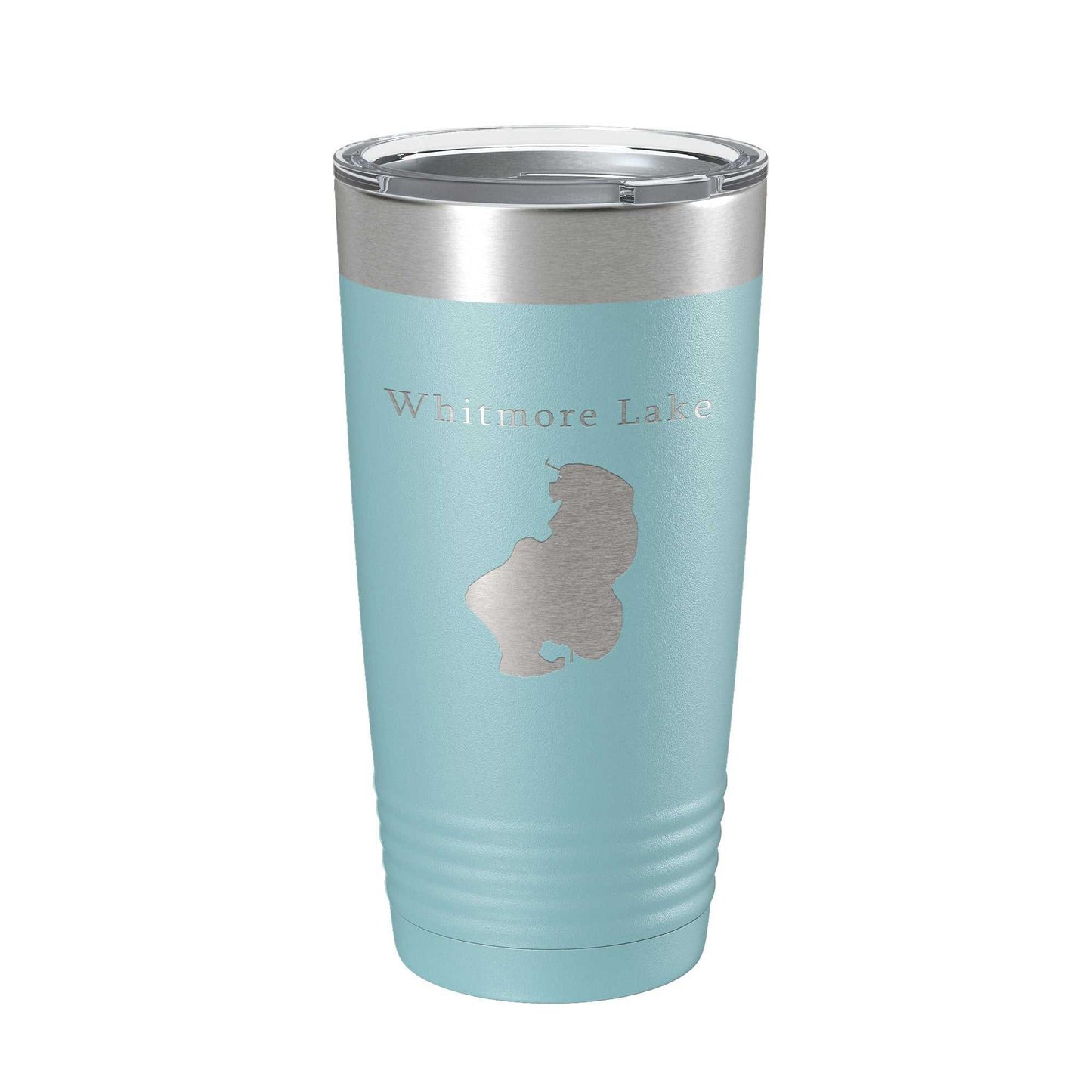 Whitmore Lake Map Tumbler travel mug in blue stainless steel with laser-etched lake design and clear lid, 20 oz insulated coffee cup