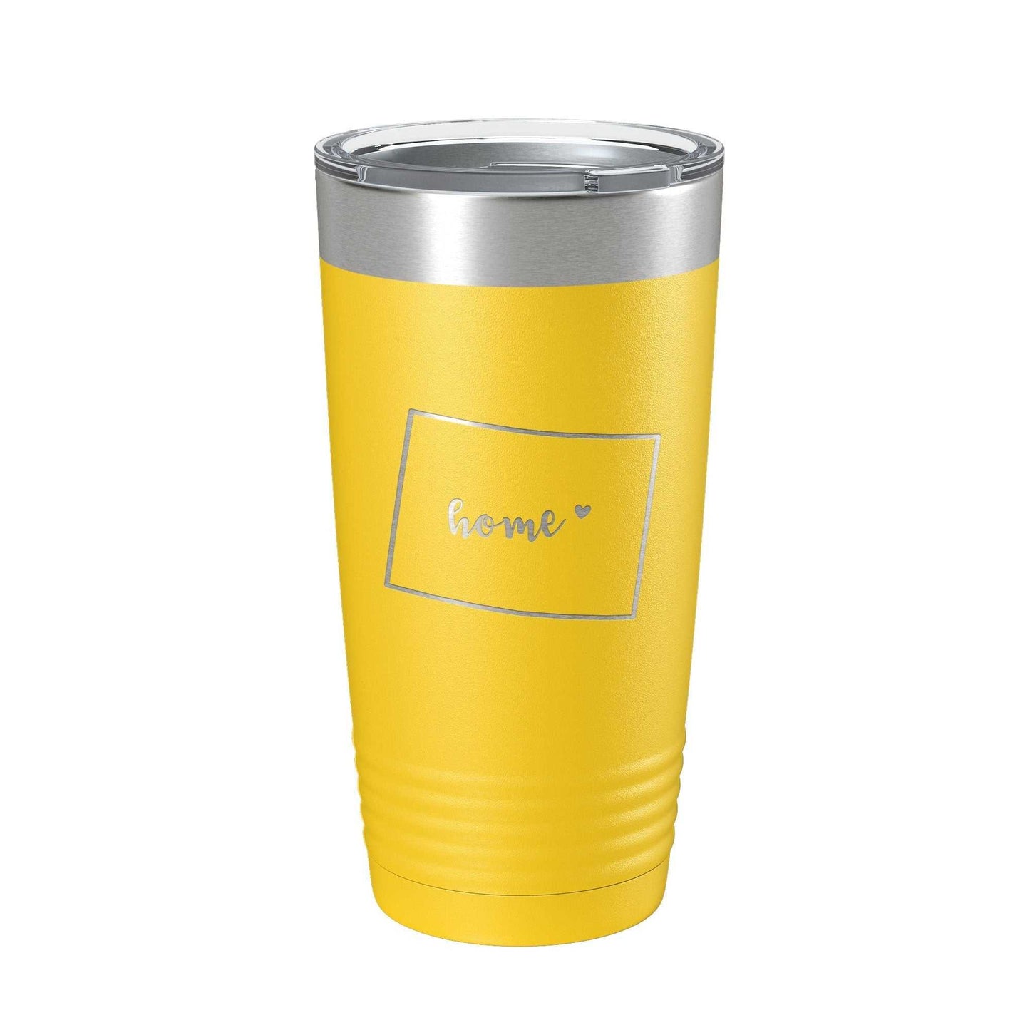 Yellow Wyoming Tumbler Home State insulated stainless steel travel mug with clear lid and laser-engraved map design, 20 oz.
