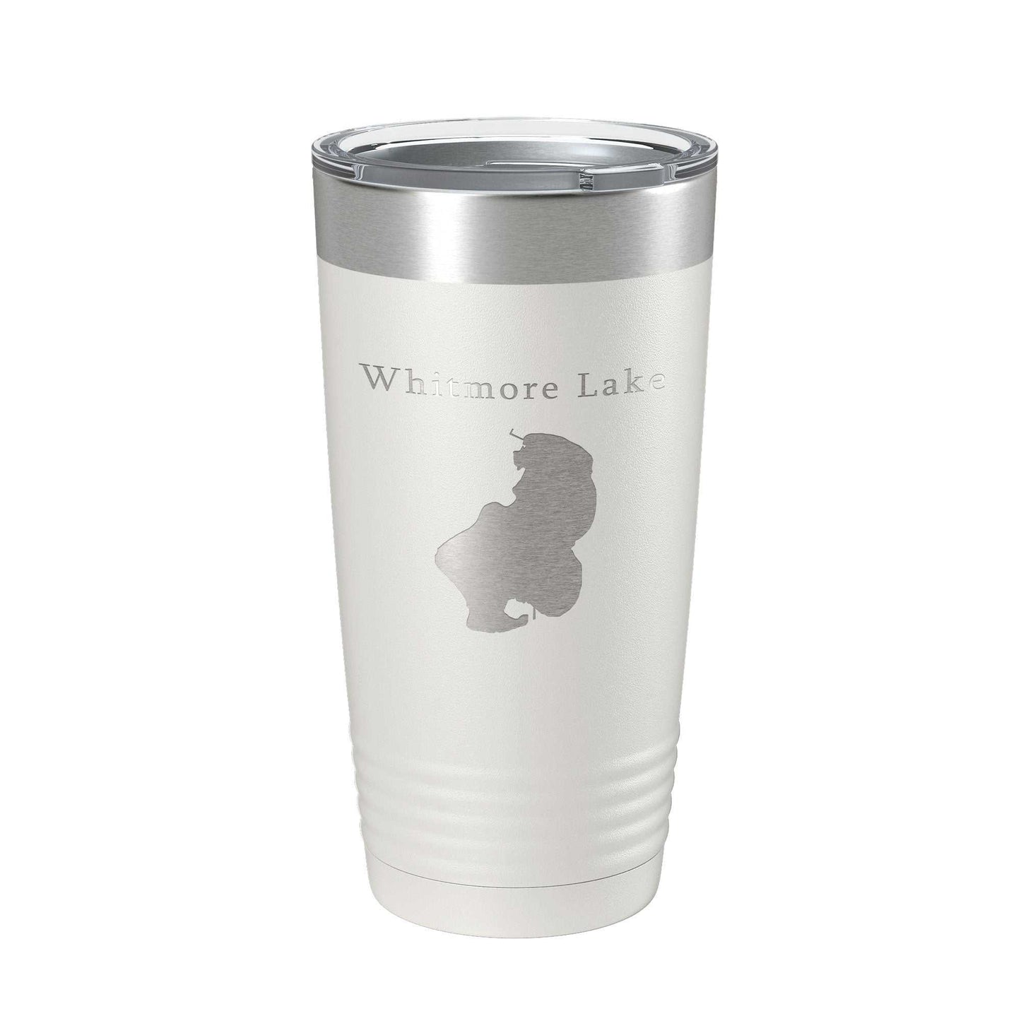 Whitmore Lake Map Tumbler travel mug, 20 oz insulated stainless steel coffee cup with laser-etched design and clear lid