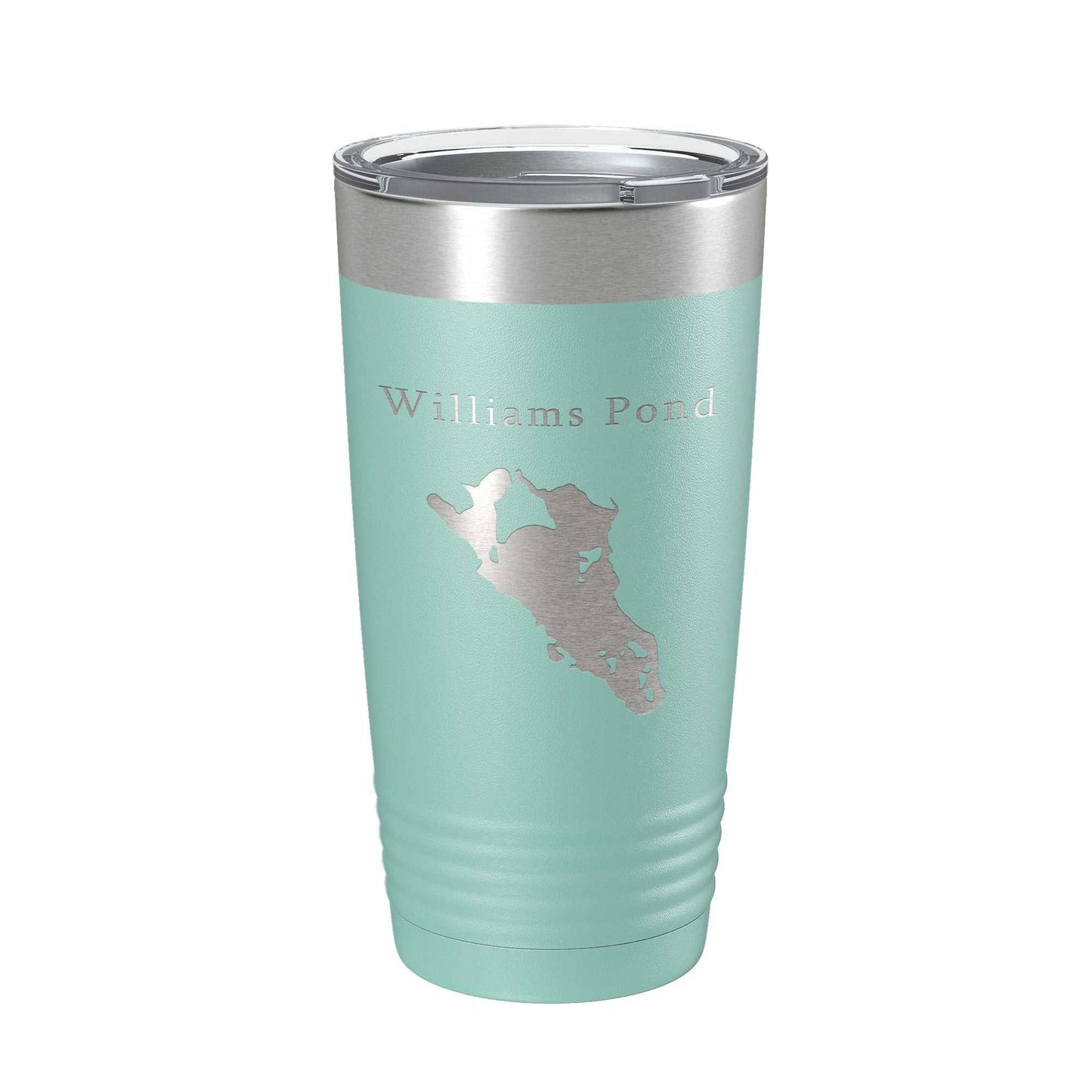 Williams Pond Tumbler in teal with laser-etched lake map, insulated stainless steel travel mug with clear lid, 20 oz capacity