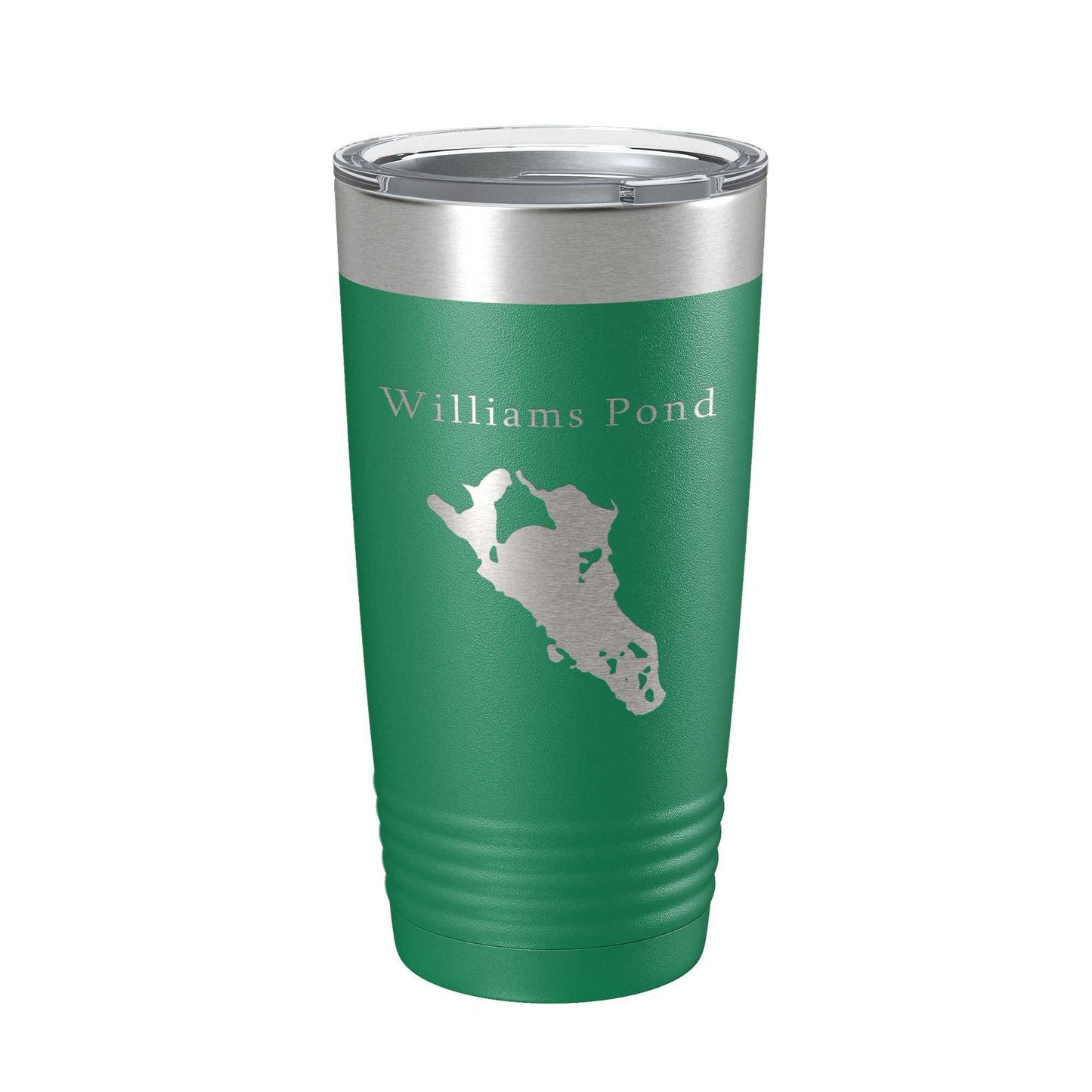 Williams Pond Tumbler insulated stainless steel travel mug with laser engraved lake map and clear lid, 20 oz capacity