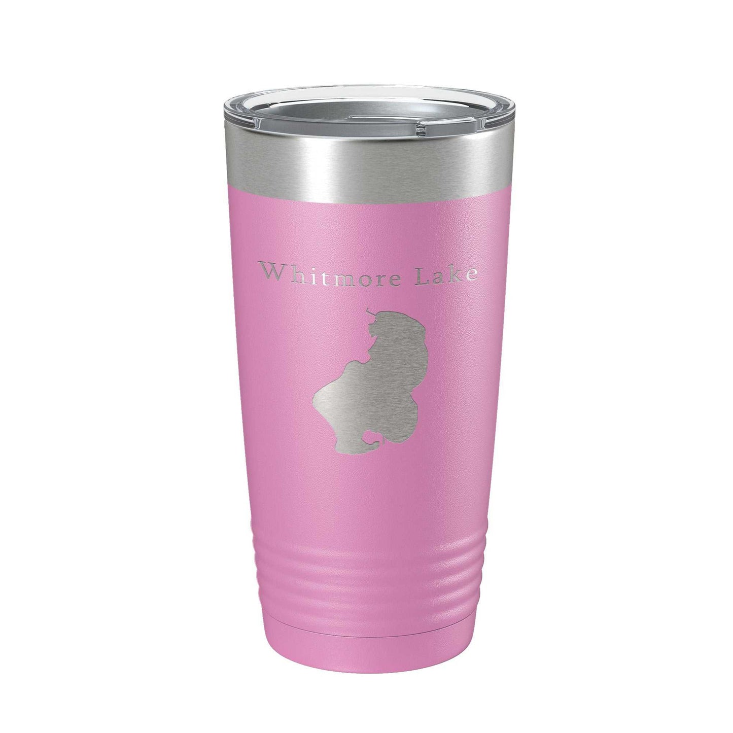 Whitmore Lake Map Tumbler travel mug in pink stainless steel with laser-etched lake design and clear lid, 20 oz insulated coffee cup