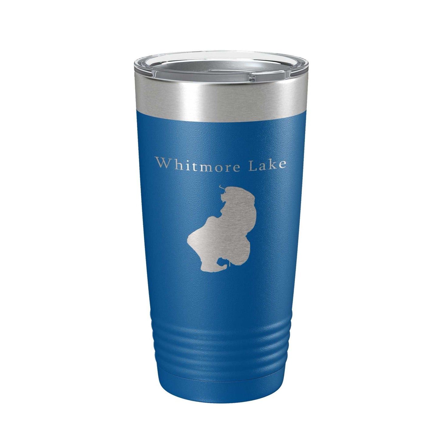Whitmore Lake Map Tumbler travel mug in blue stainless steel with laser engraved lake design and clear lid, 20 oz insulated coffee cup