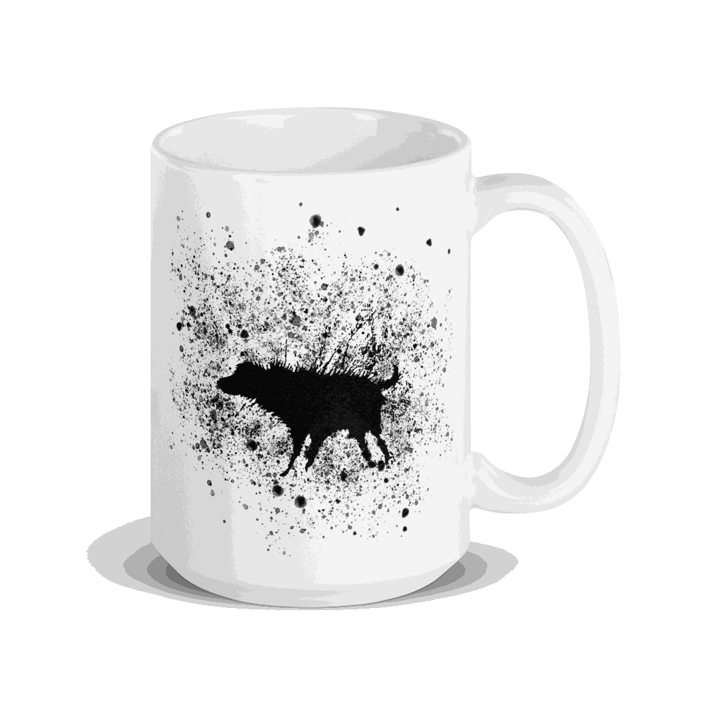White ceramic mug featuring Banksy's Wet Dog splatter street art design in black stencil style