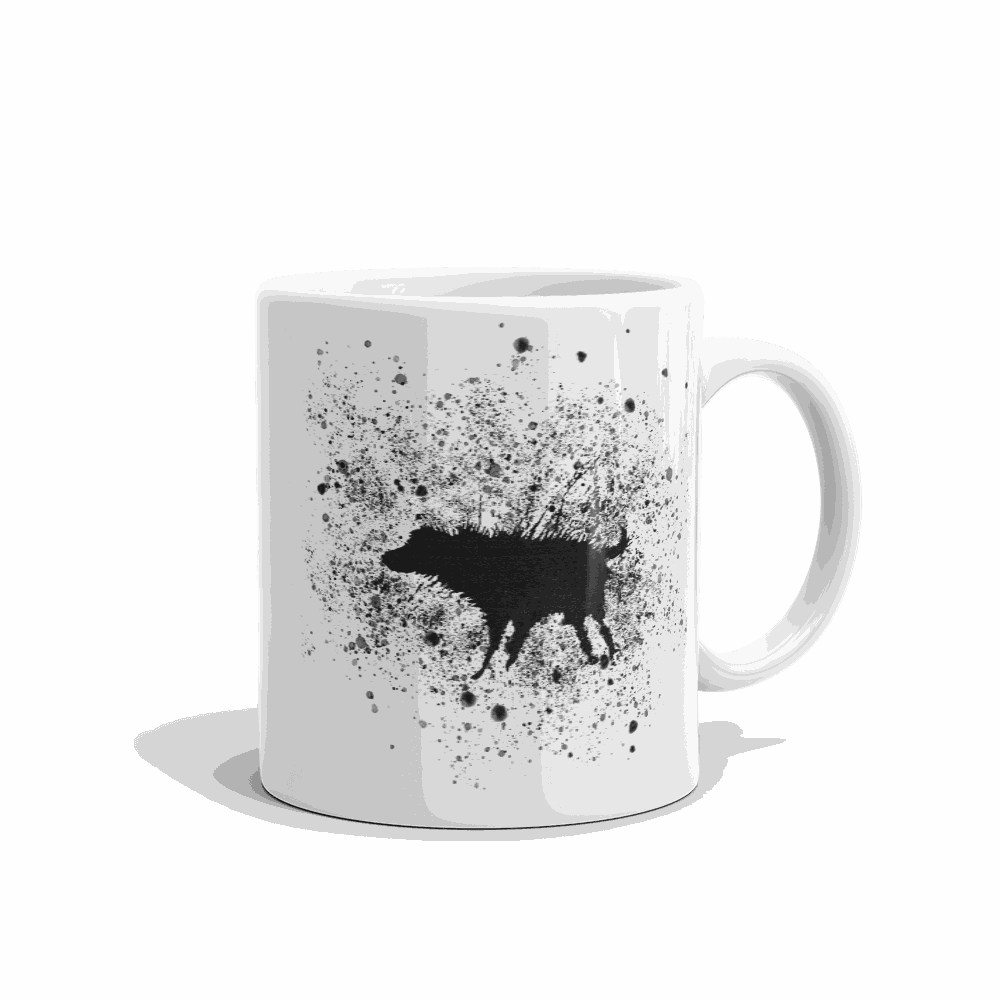 White ceramic mug featuring Banksy's wet dog splatter street art design in black ink with high gloss finish