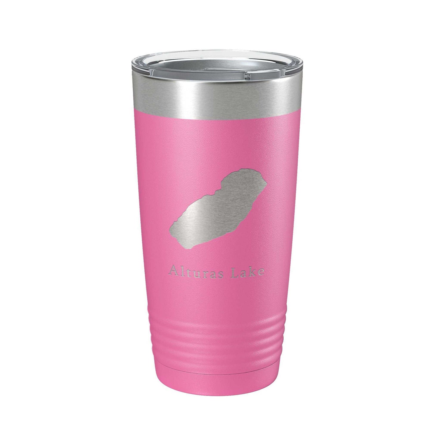 Pink Alturas Lake Map Tumbler Travel Mug 20 oz insulated stainless steel with laser engraved design and clear lid