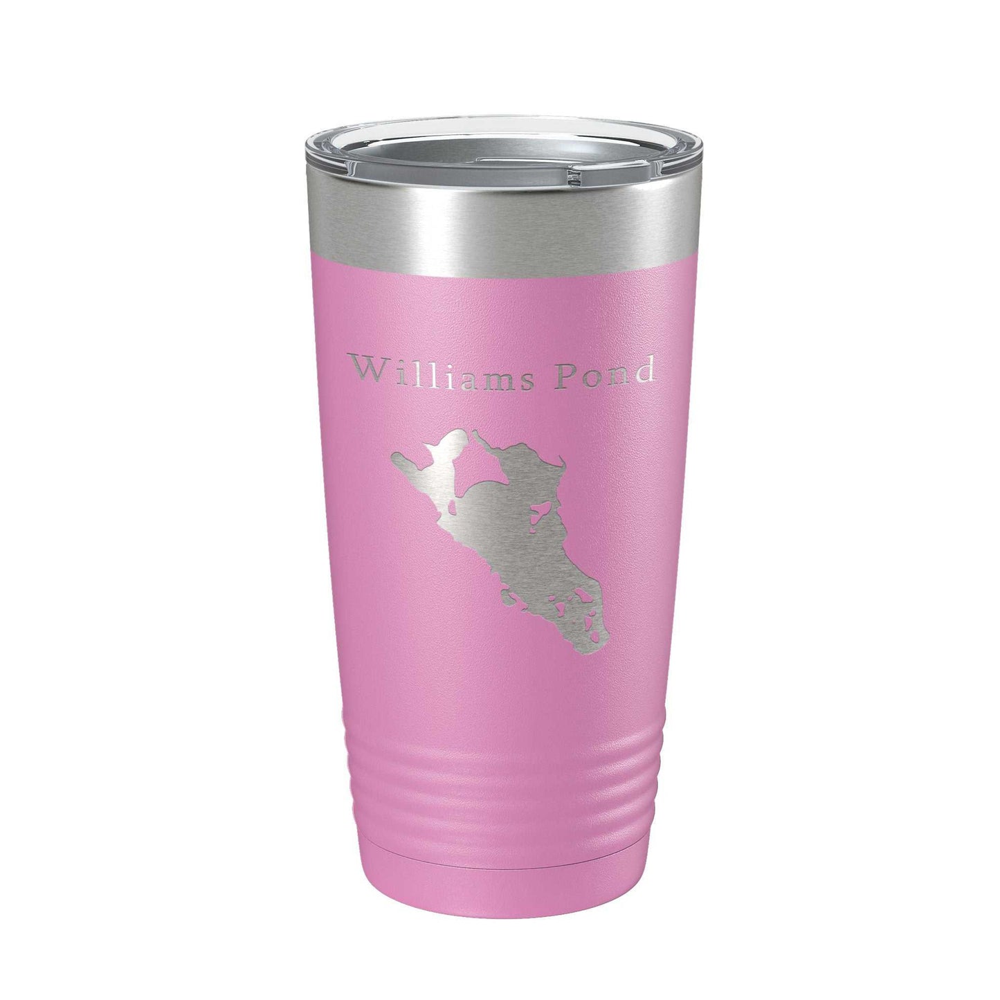 Pink Williams Pond Tumbler with laser-etched lake map, stainless steel insulated travel mug with clear lid, 20 oz capacity