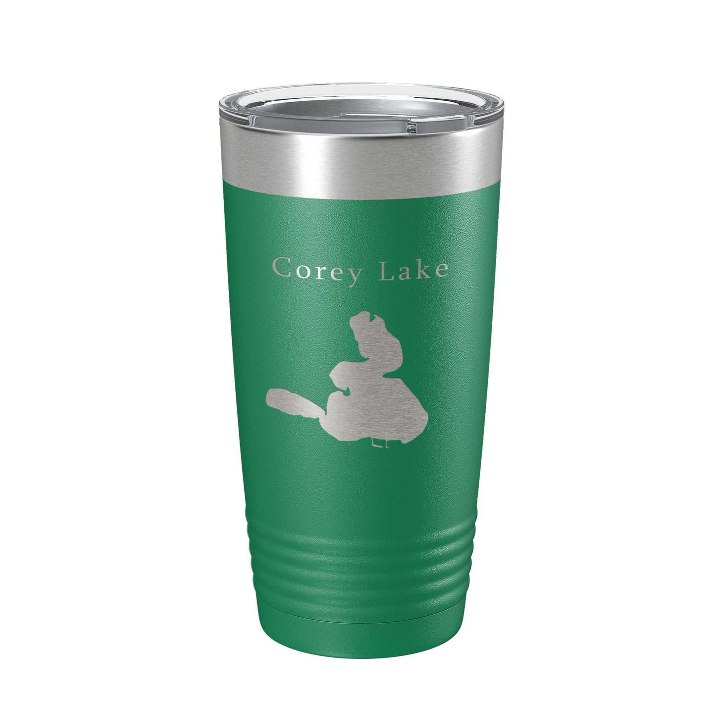 Green Corey Lake Map laser engraved 20 oz insulated stainless steel travel tumbler with clear lid