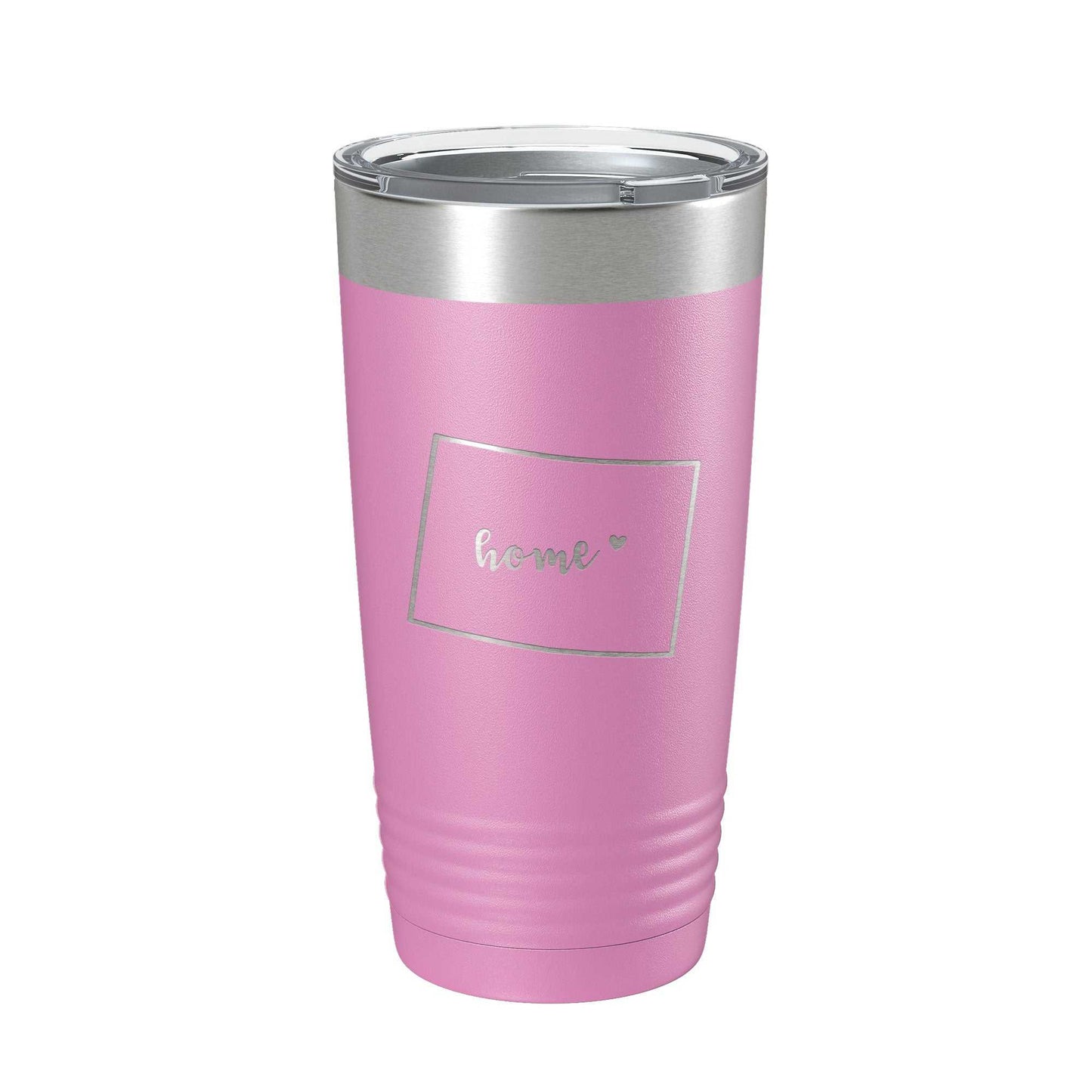Pink Wyoming tumbler with laser etched home state map, stainless steel insulated travel mug, 20 oz with clear lid and straw hole