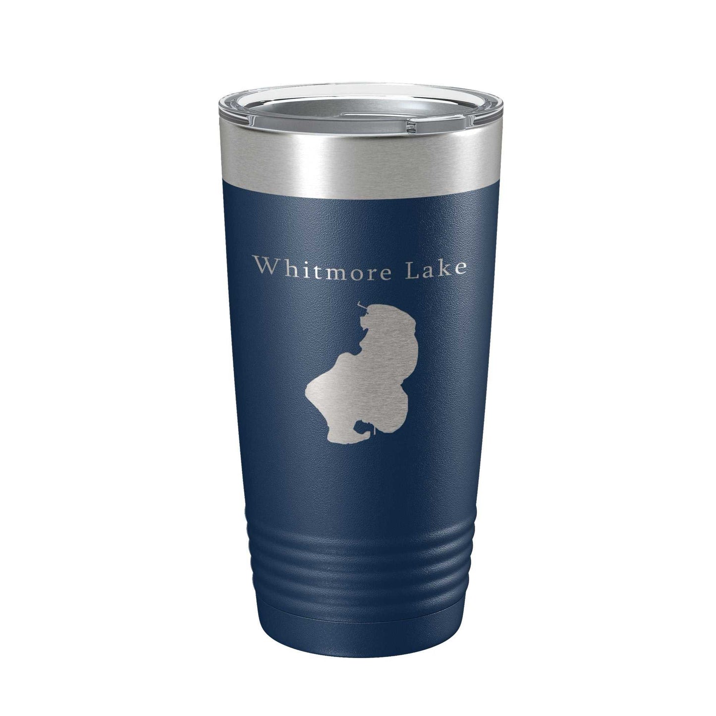 Whitmore Lake Map Tumbler insulated 20 oz stainless steel travel mug with laser engraved lake design and clear lid