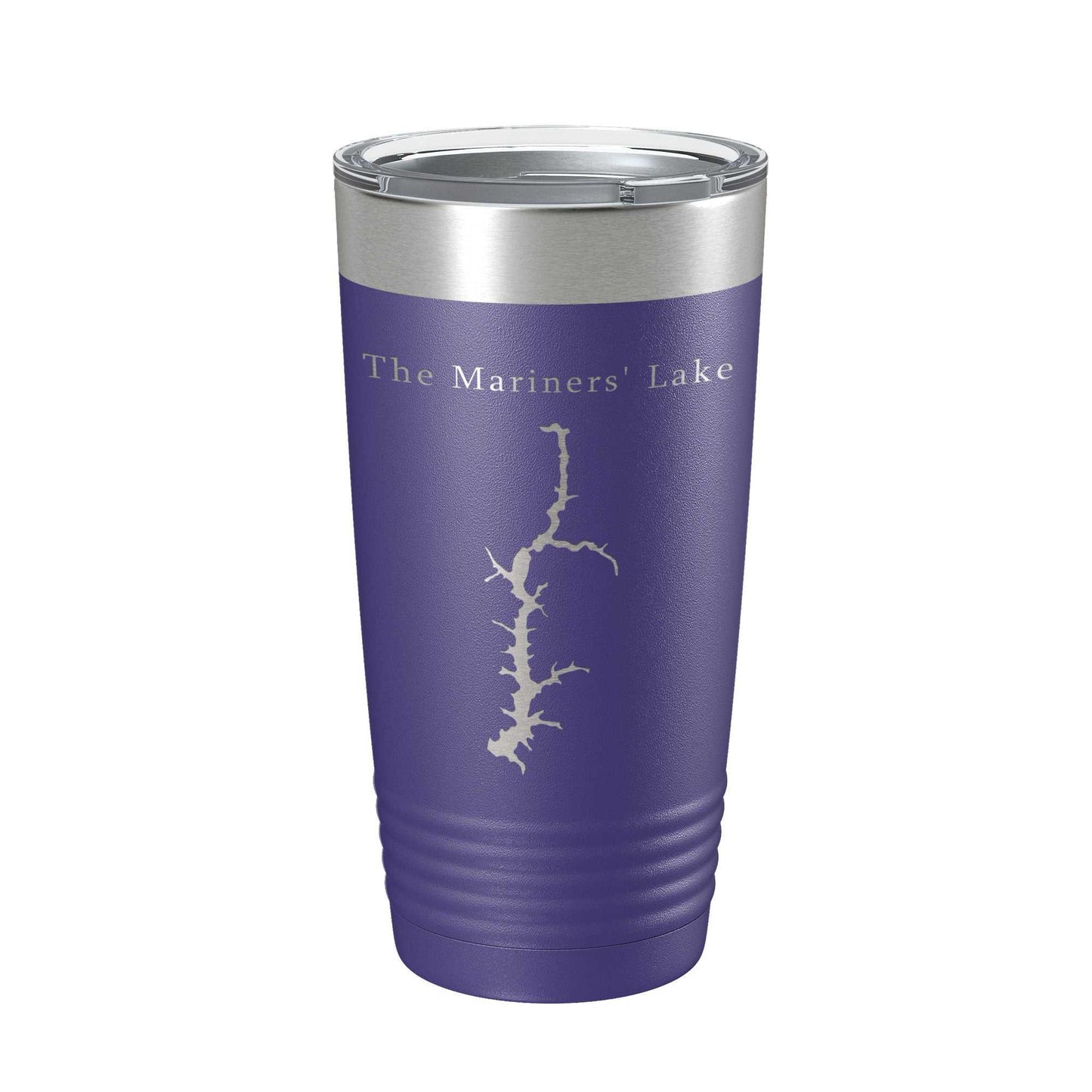 Purple Mariners' Lake Map laser-engraved insulated stainless steel travel tumbler with clear lid, 20 oz capacity