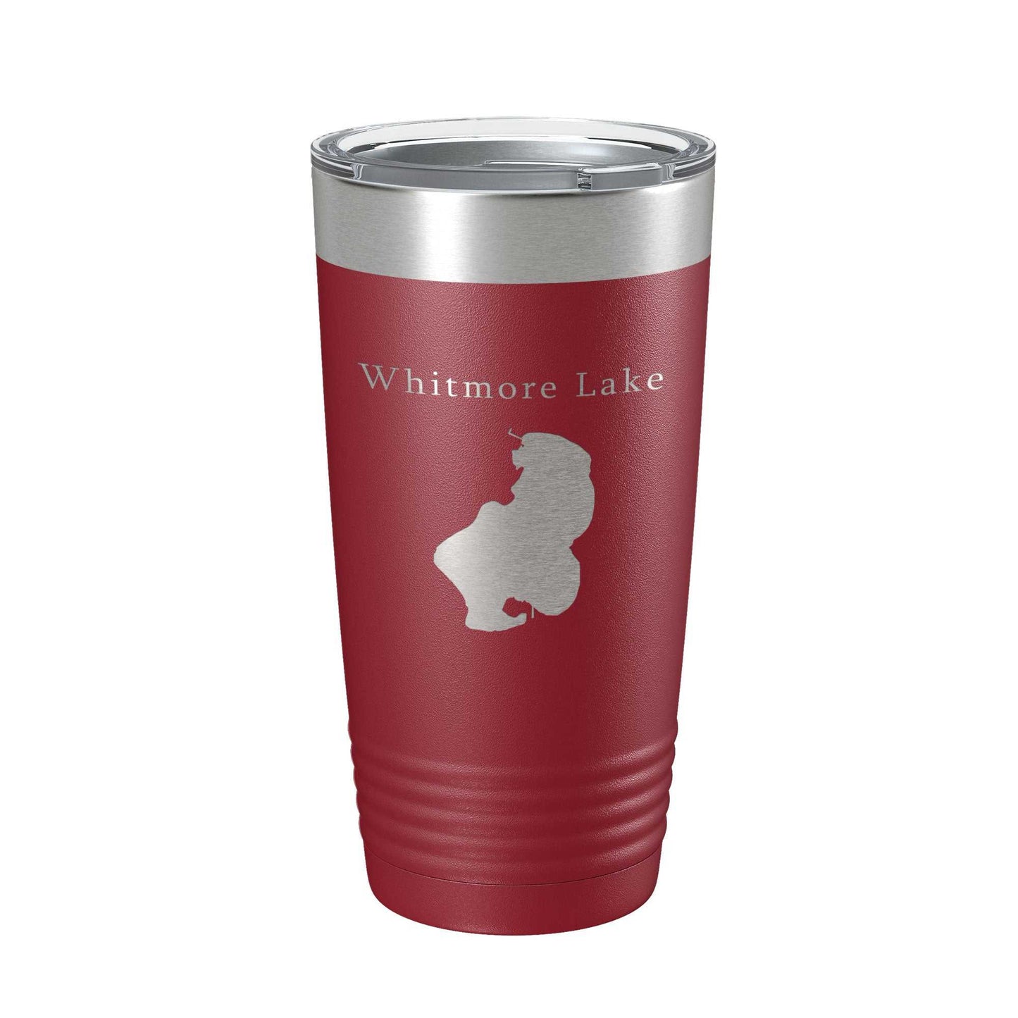 Whitmore Lake Map Tumbler insulated 20 oz stainless steel travel mug with laser engraved map and clear lid