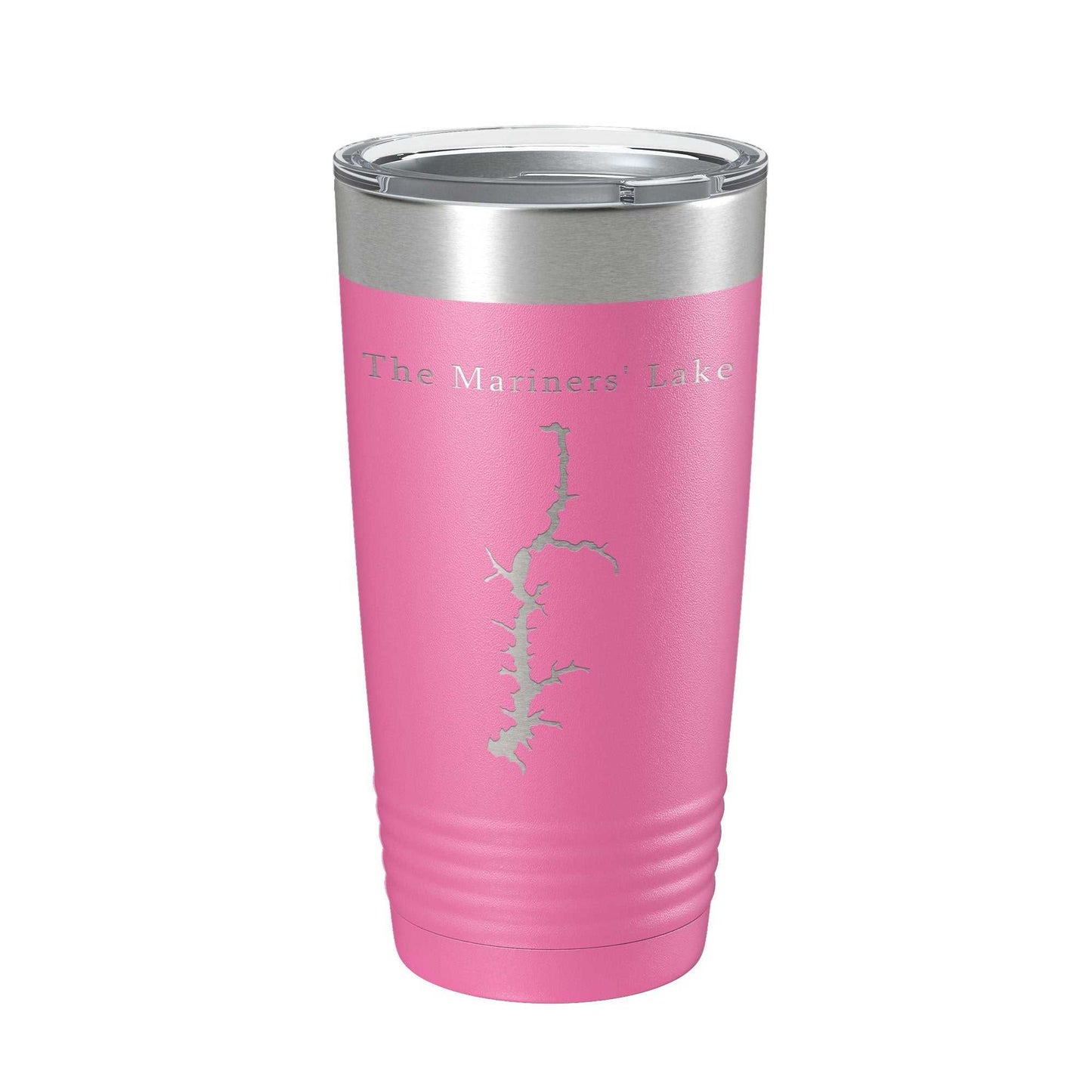 Pink Mariners' Lake Map insulated stainless steel travel tumbler with clear lid, 20 oz capacity, laser-etched design