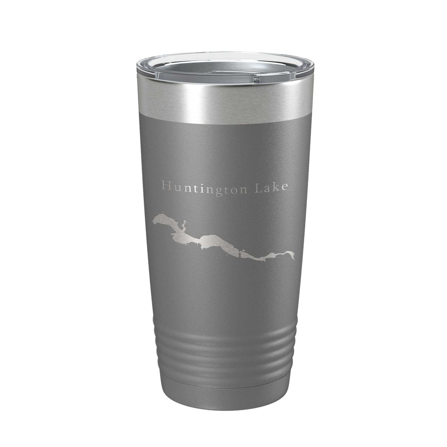 Gray insulated travel mug with Huntington Lake map laser engraved, 20 oz stainless steel tumbler with clear lid and narrow base