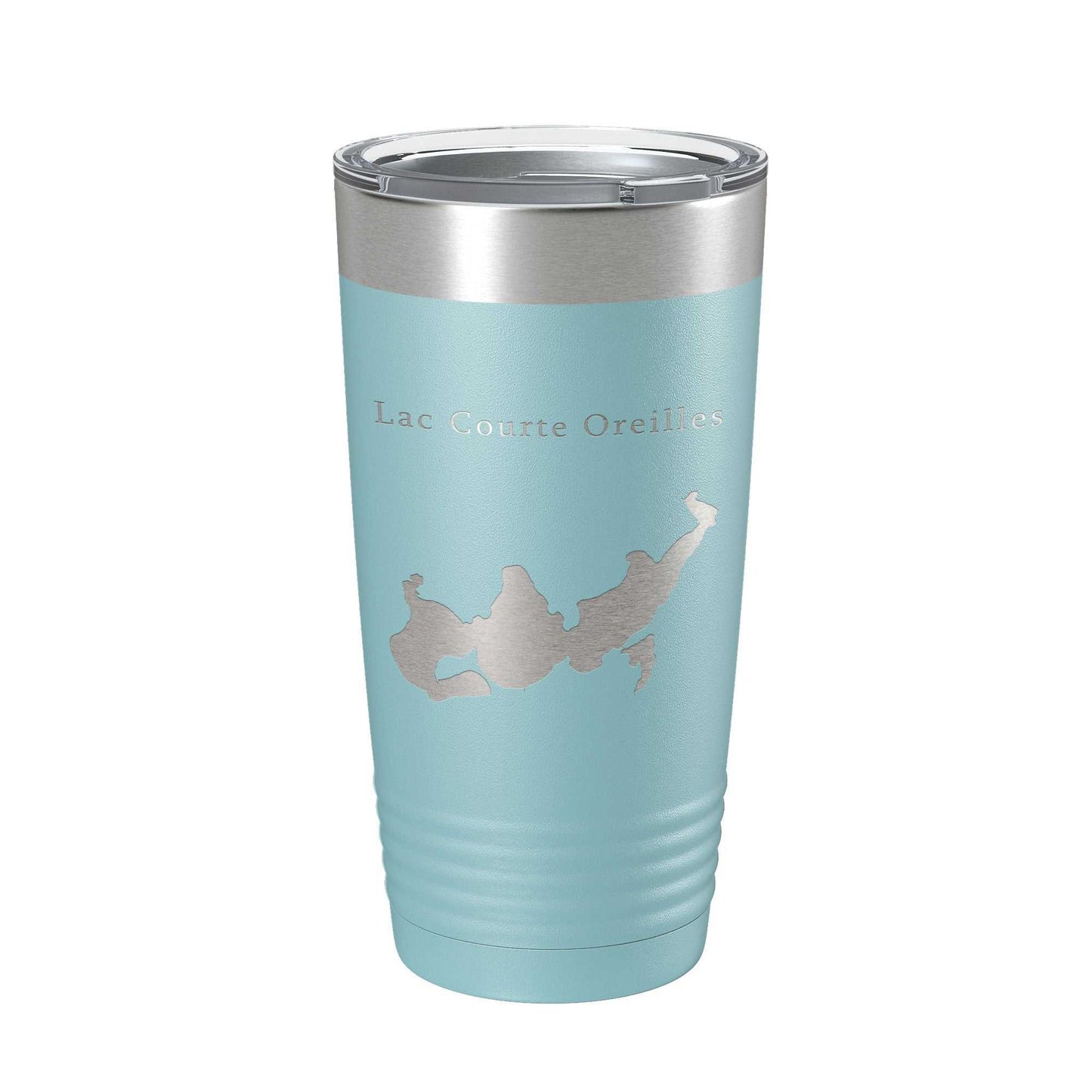 Lac Courte Oreilles Tumbler travel mug with laser-etched lake map, insulated stainless steel, 20 oz, powder coat blue with clear lid.