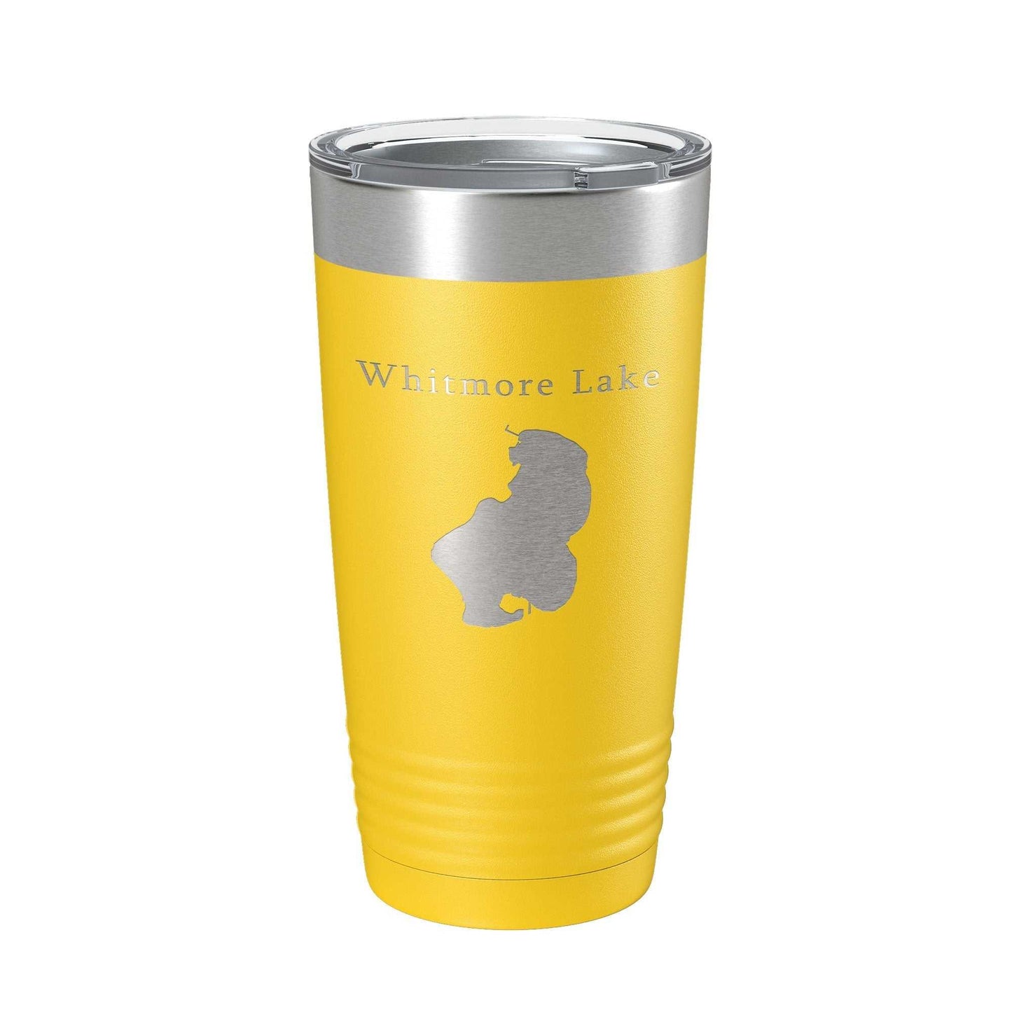 Whitmore Lake Map Tumbler travel mug in yellow stainless steel with laser-engraved lake design, insulated 20 oz coffee cup with clear lid