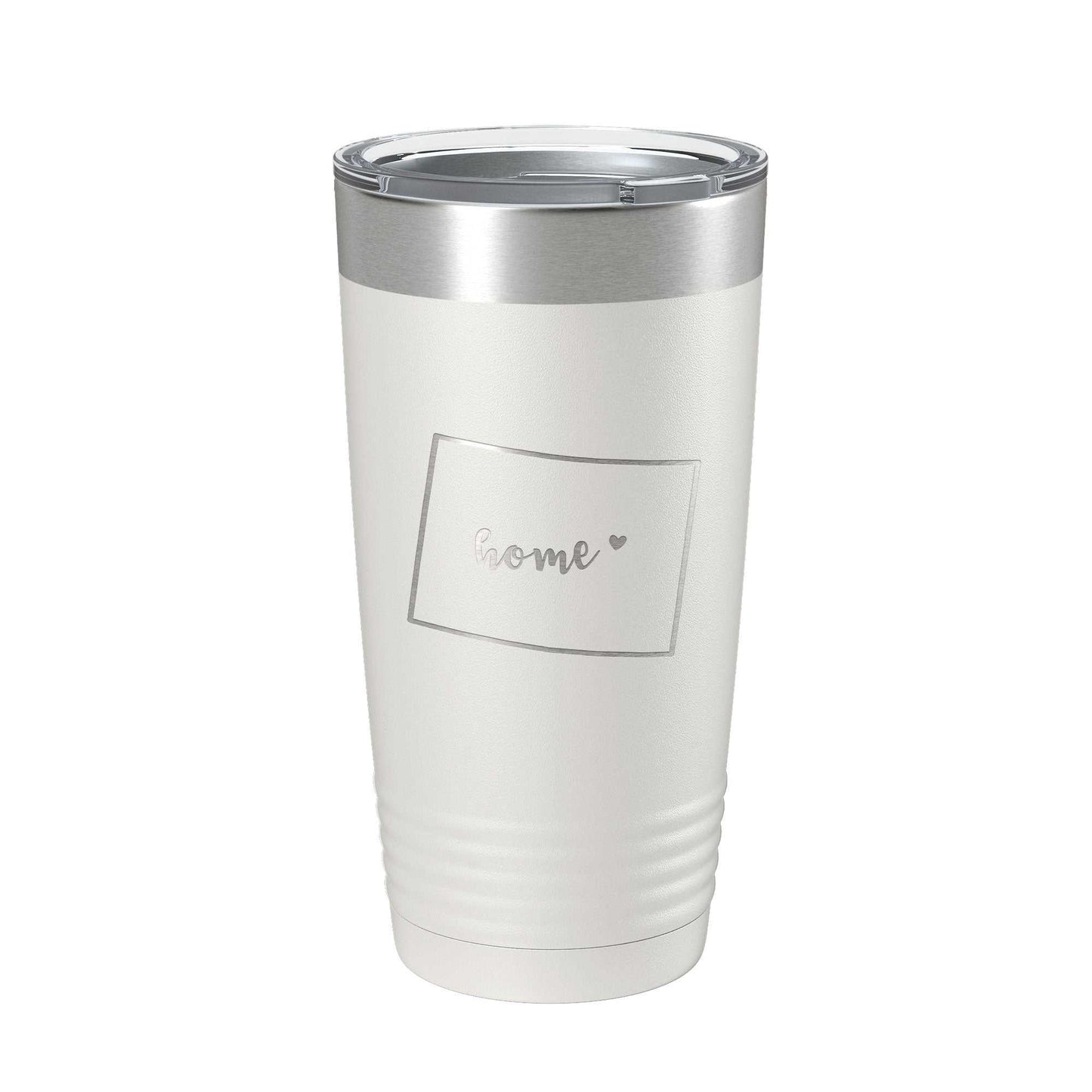 Wyoming Tumbler Home State travel mug with laser-etched map design, 20 oz insulated stainless steel coffee cup with clear lid.