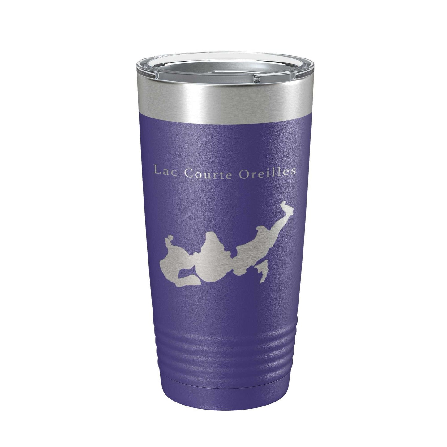 Lac Courte Oreilles Tumbler Lake Map travel mug, 20 oz insulated stainless steel coffee cup with laser engraved Wisconsin map and clear lid