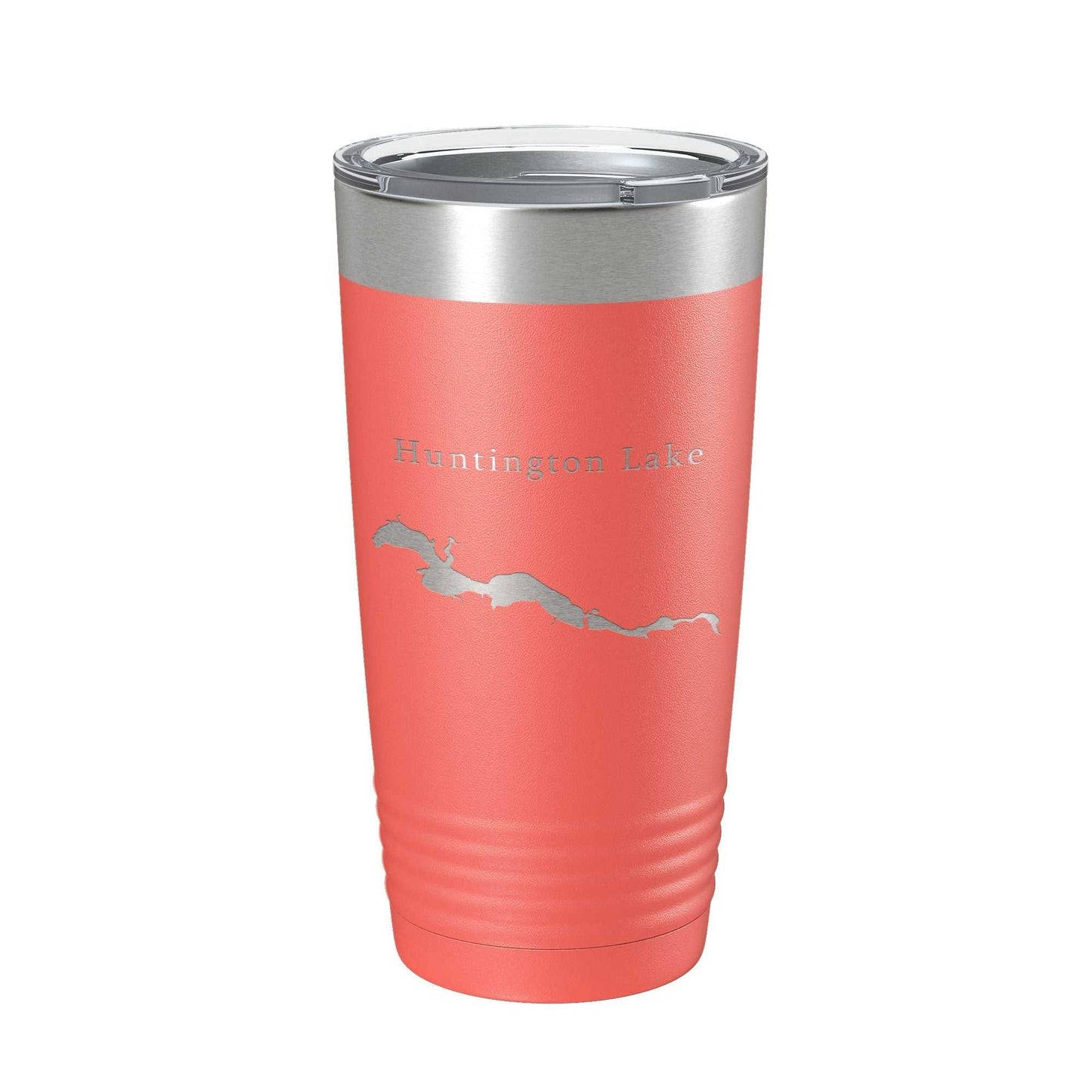 Huntington Lake map laser engraved insulated stainless steel tumbler travel mug with clear lid, 20 oz capacity