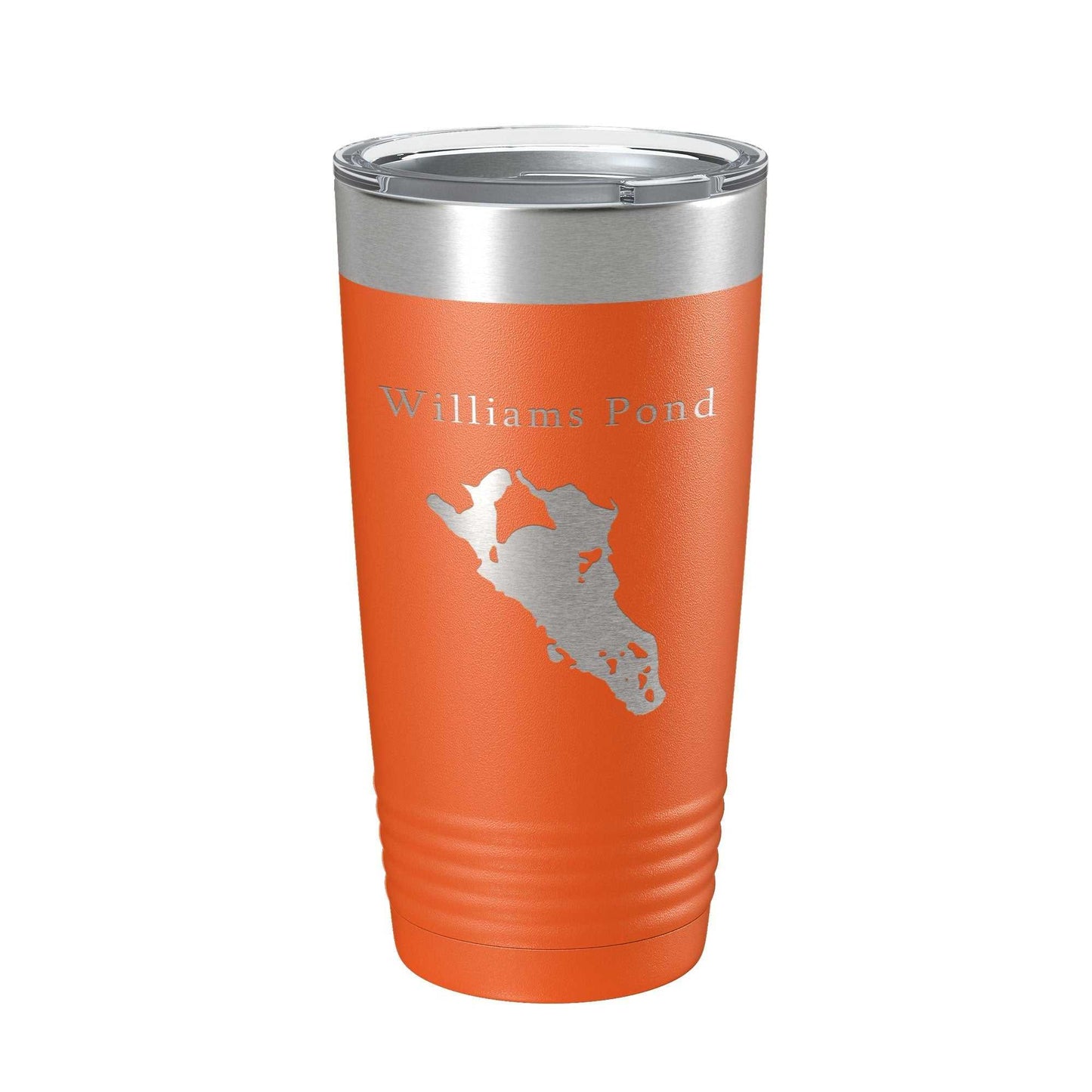 Orange Williams Pond Tumbler travel mug with laser-etched lake map, stainless steel insulated coffee cup with clear lid, 20 oz capacity