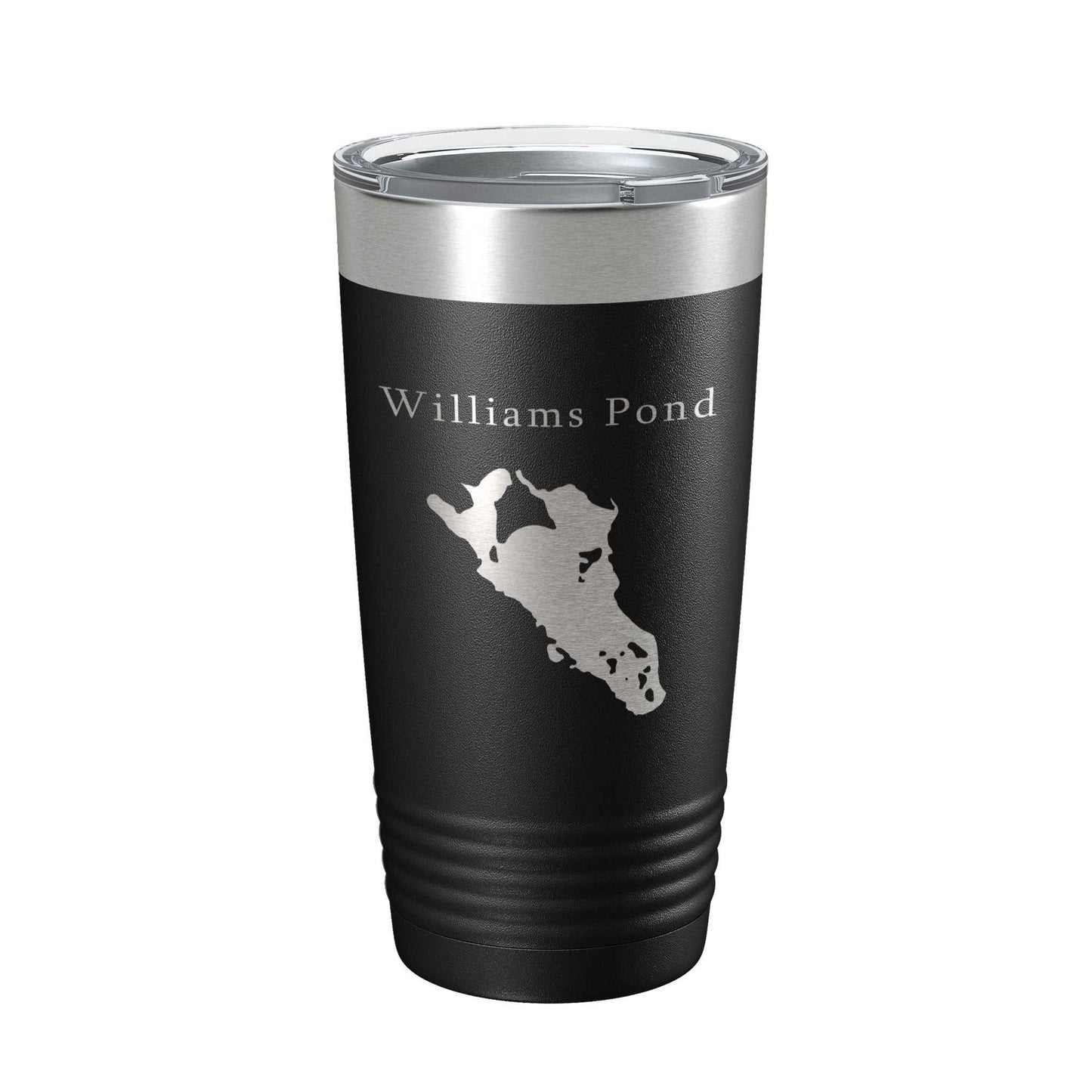 Williams Pond Tumbler 20 oz insulated stainless steel travel mug with laser-etched lake map and clear lid
