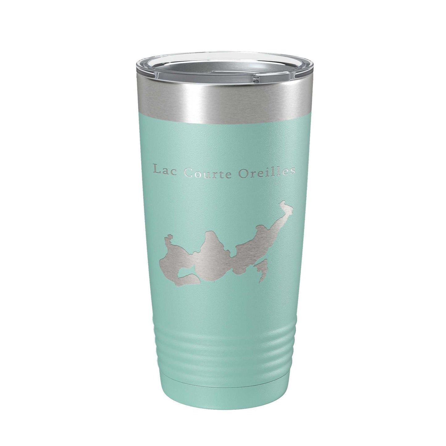 Lac Courte Oreilles Tumbler Lake Map Travel Mug insulated stainless steel coffee cup with laser engraved design and clear lid, 20 oz