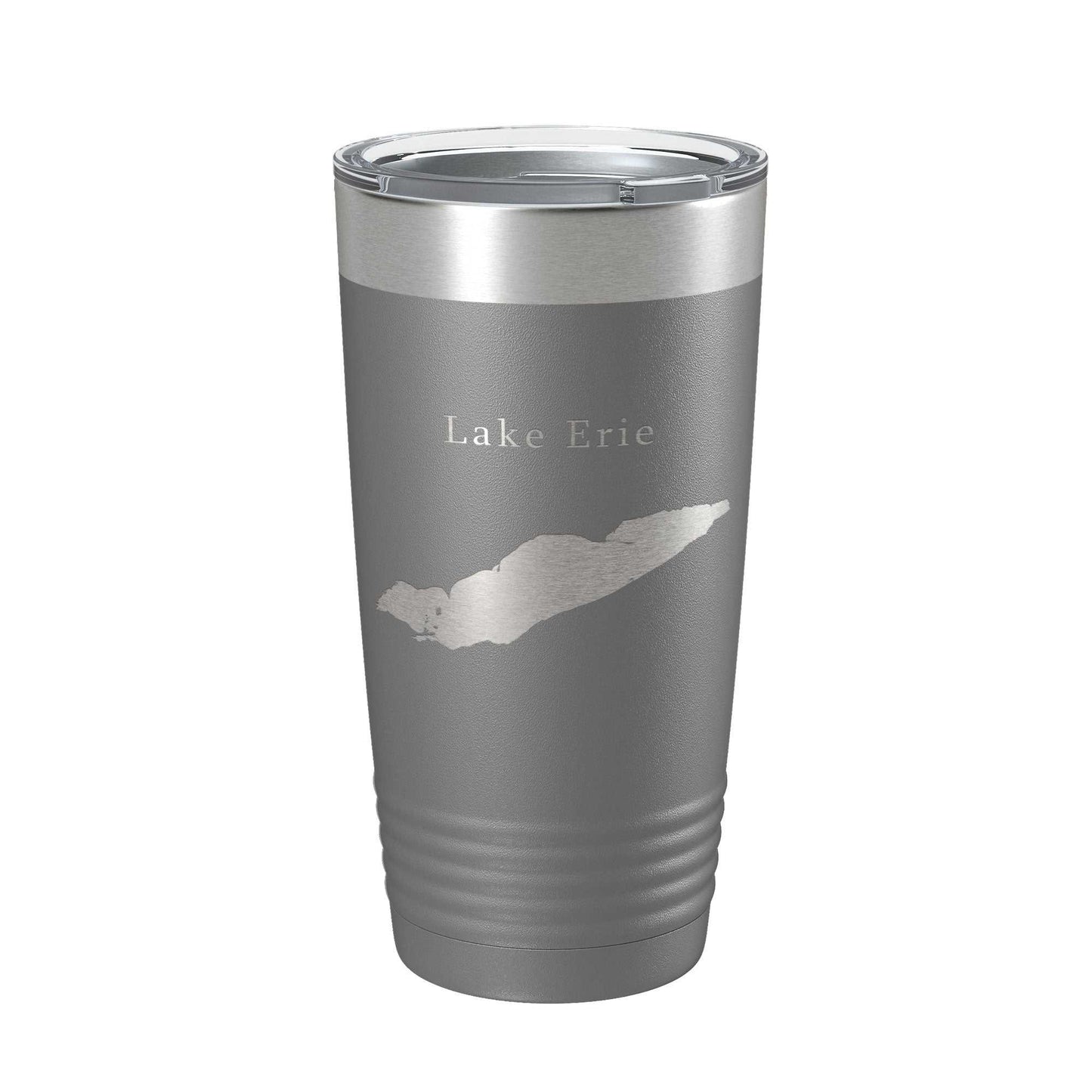 Gray stainless steel travel tumbler with laser-etched Lake Erie map and clear lid, insulated for hot and cold drinks, 20 oz capacity