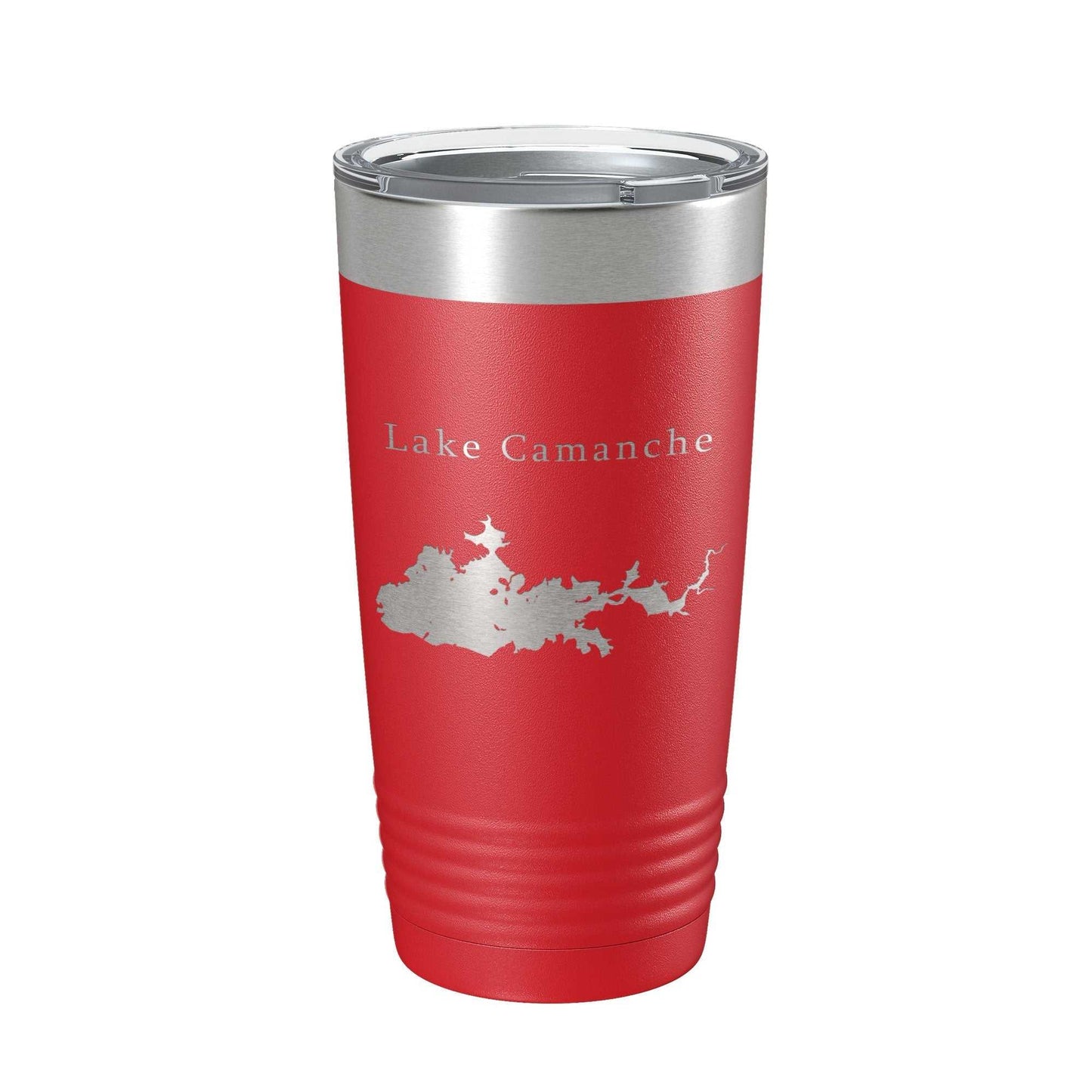 Red insulated travel mug with laser engraved Lake Camanche map and clear lid, 20 oz stainless steel tumbler