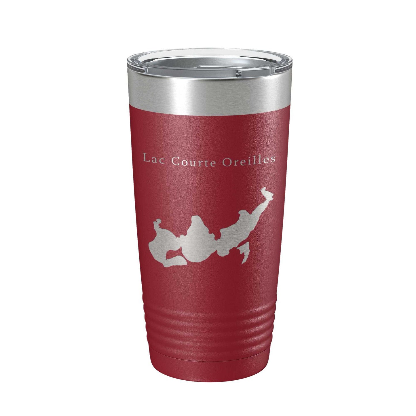 Red Lac Courte Oreilles Tumbler with laser-etched lake map, stainless steel travel mug, insulated 20 oz with clear lid and grip ridges