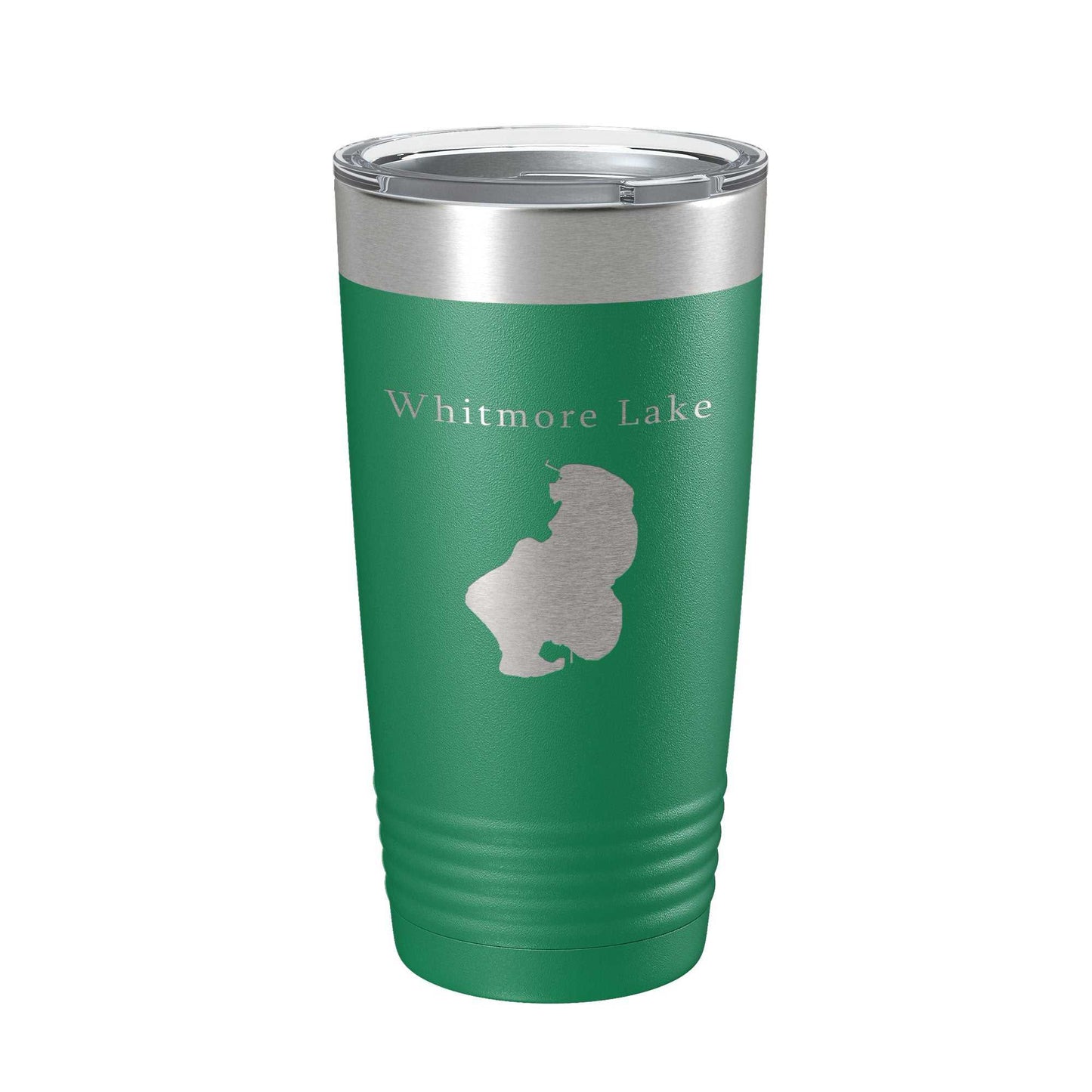 Whitmore Lake Map Tumbler travel mug in green with laser engraved map, insulated 20 oz stainless steel coffee cup with clear lid and secure grip design