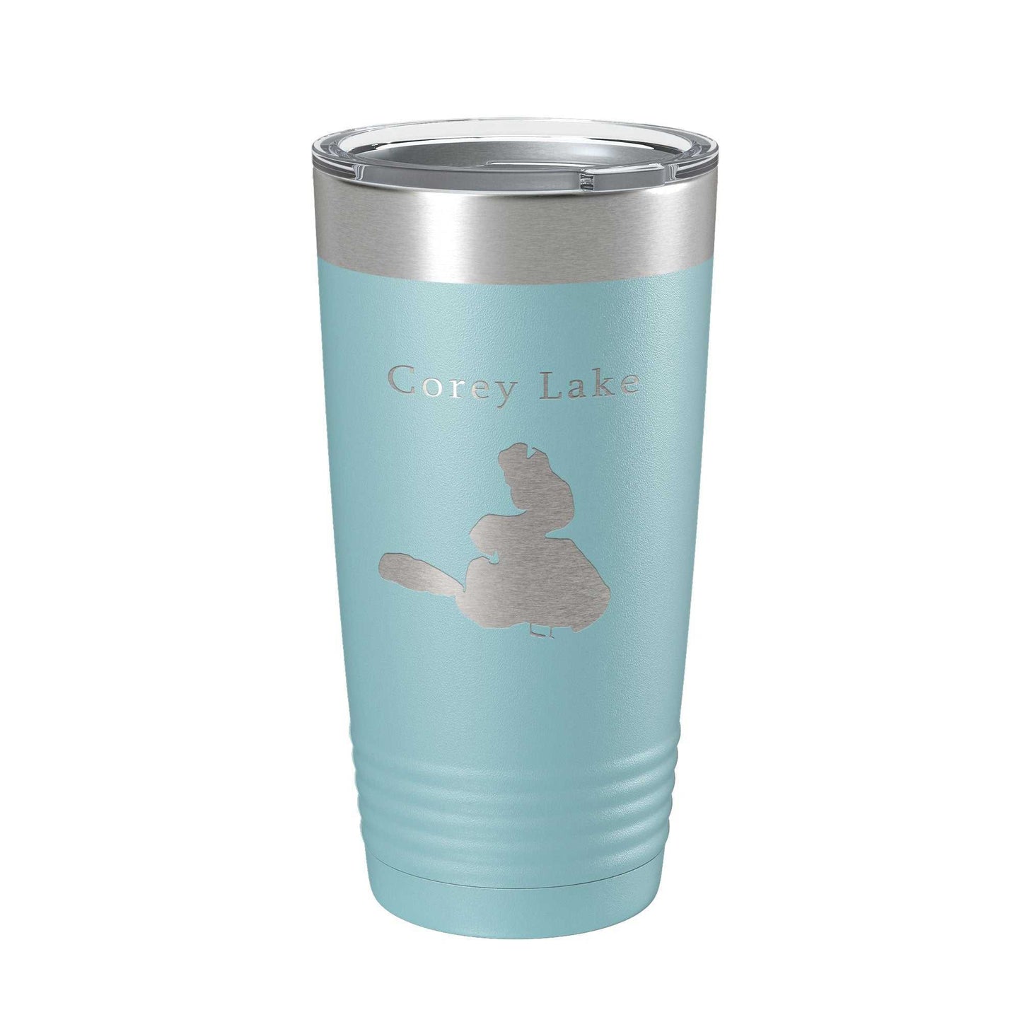 Corey Lake Map laser engraved insulated stainless steel travel tumbler with clear lid, 20 oz capacity, blue powder coat finish