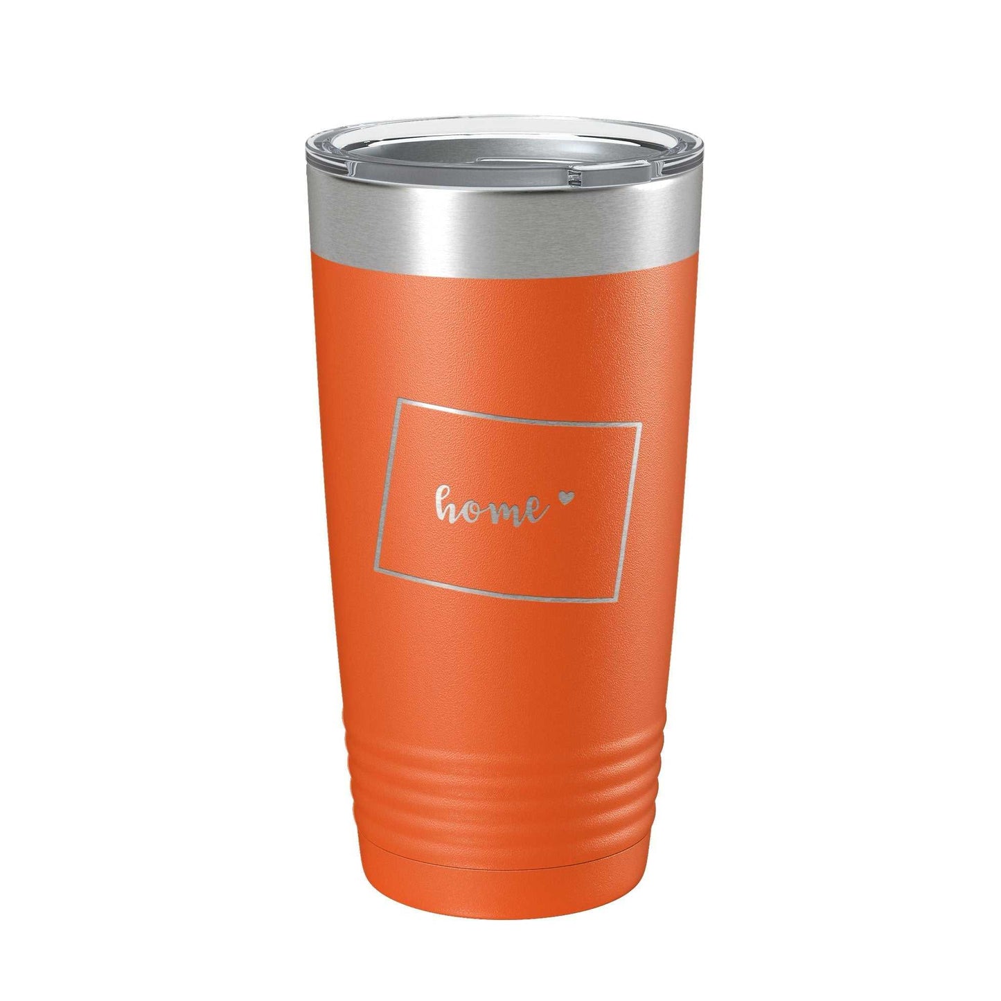 Orange Wyoming Tumbler Home State insulated stainless steel travel mug with laser etched map and clear lid, 20 oz capacity