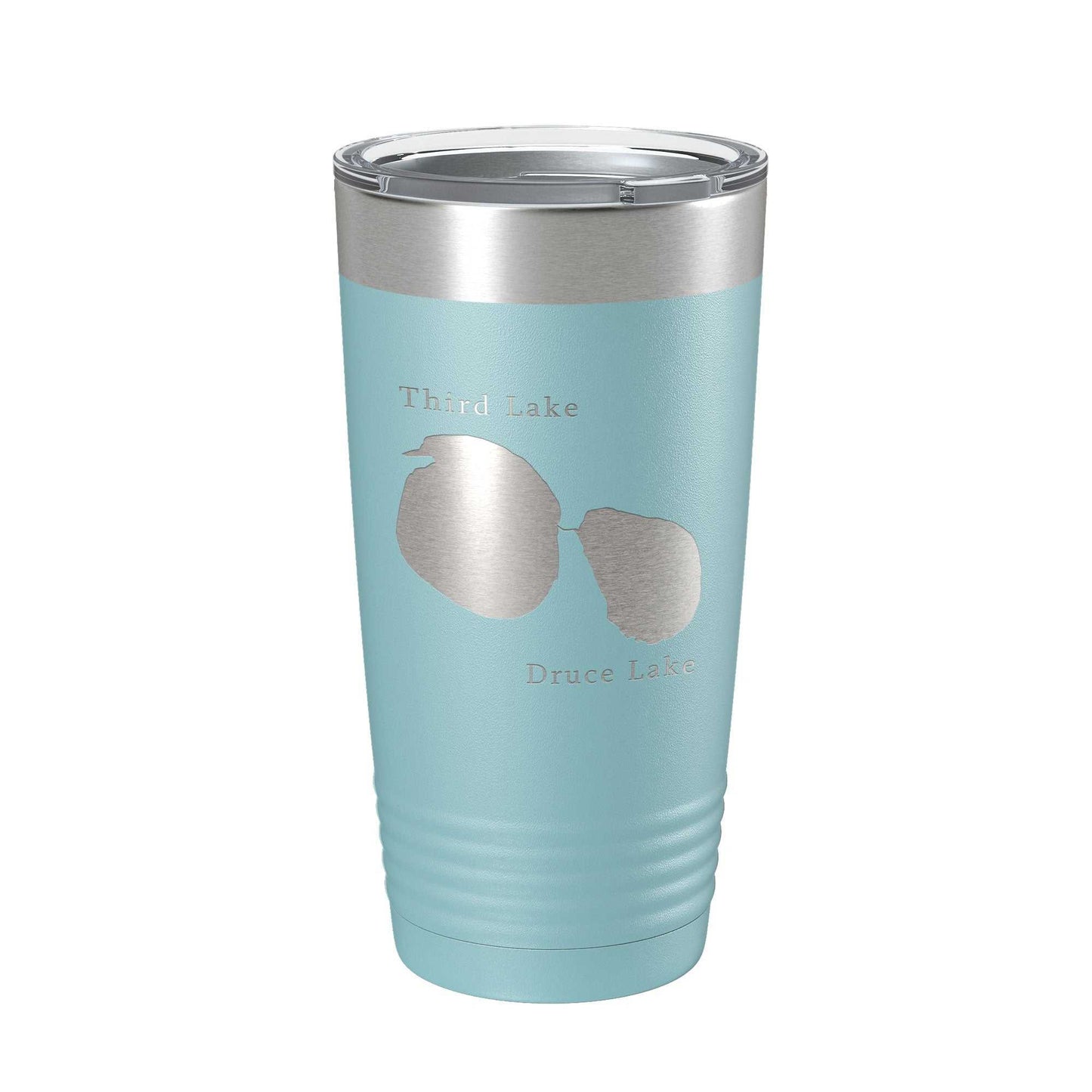 Light blue stainless steel insulated travel mug with laser engraved map of Third and Druce Lakes and clear lid, 20 oz capacity
