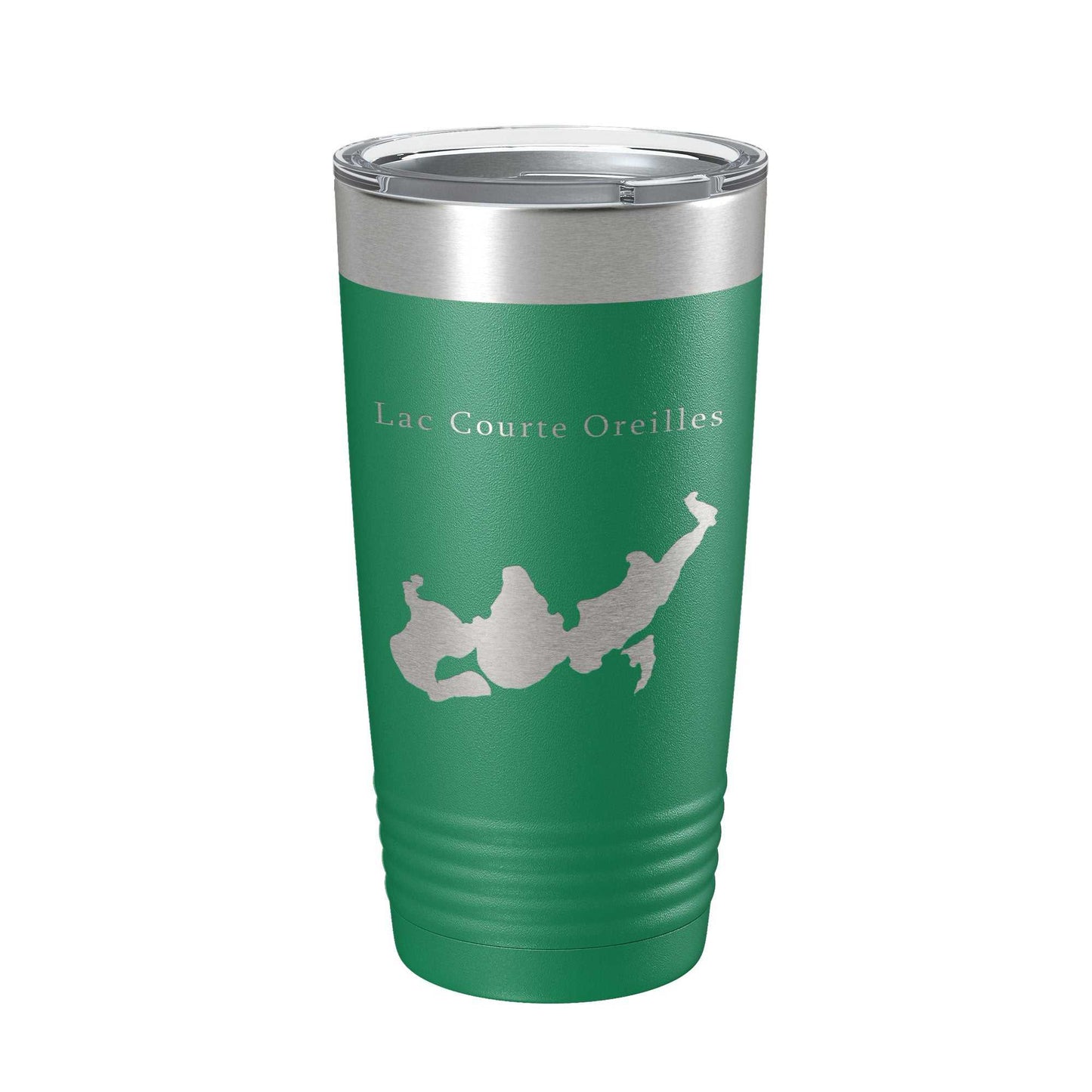 Green Lac Courte Oreilles Tumbler with laser-etched lake map, insulated stainless steel travel mug with clear lid, 20 oz capacity
