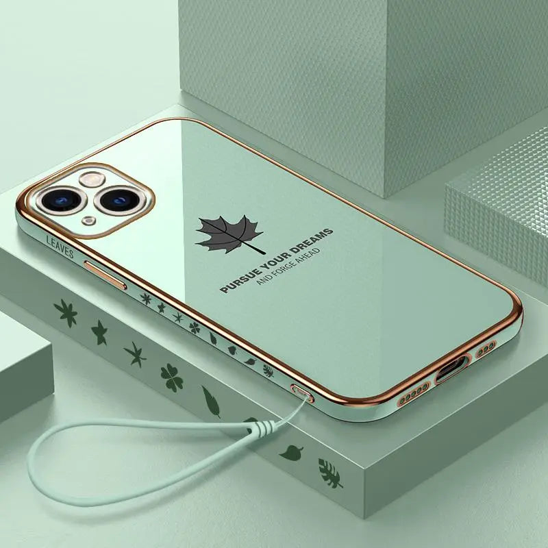 iPhone 14 Anacotte maple leaves plating case with motivational text and decorative leaf designs on sides