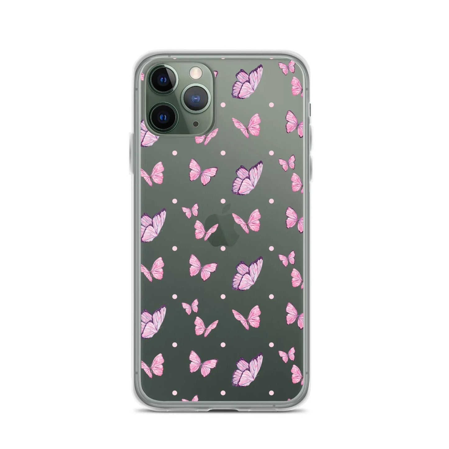 Clear printed silicone iPhone case with pink butterfly design, shockproof TPU sides, and solid polycarbonate back.