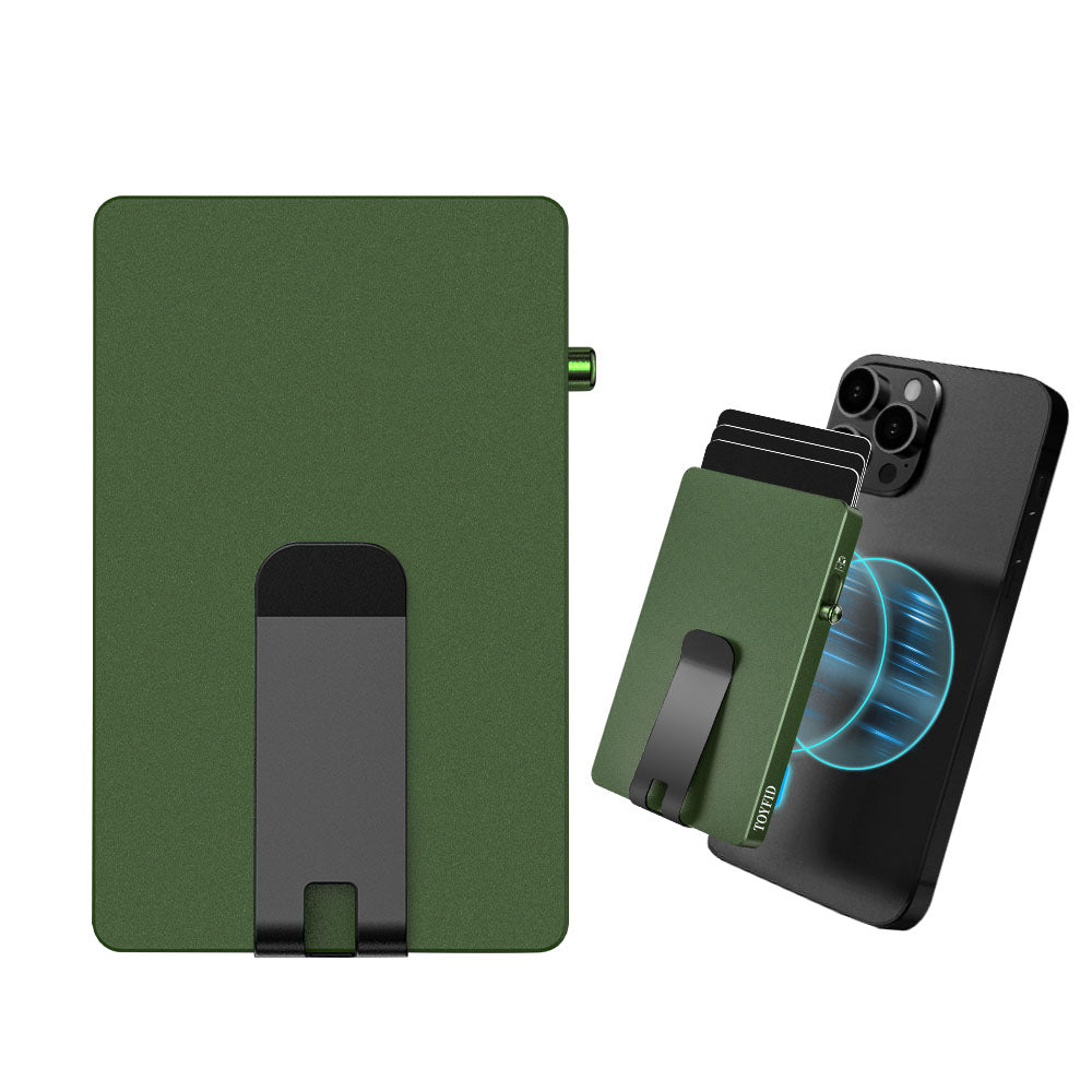 Slim green minimalist pop up wallet with money clip, aluminum RFID blocking card holder attached magnetically to smartphone back.