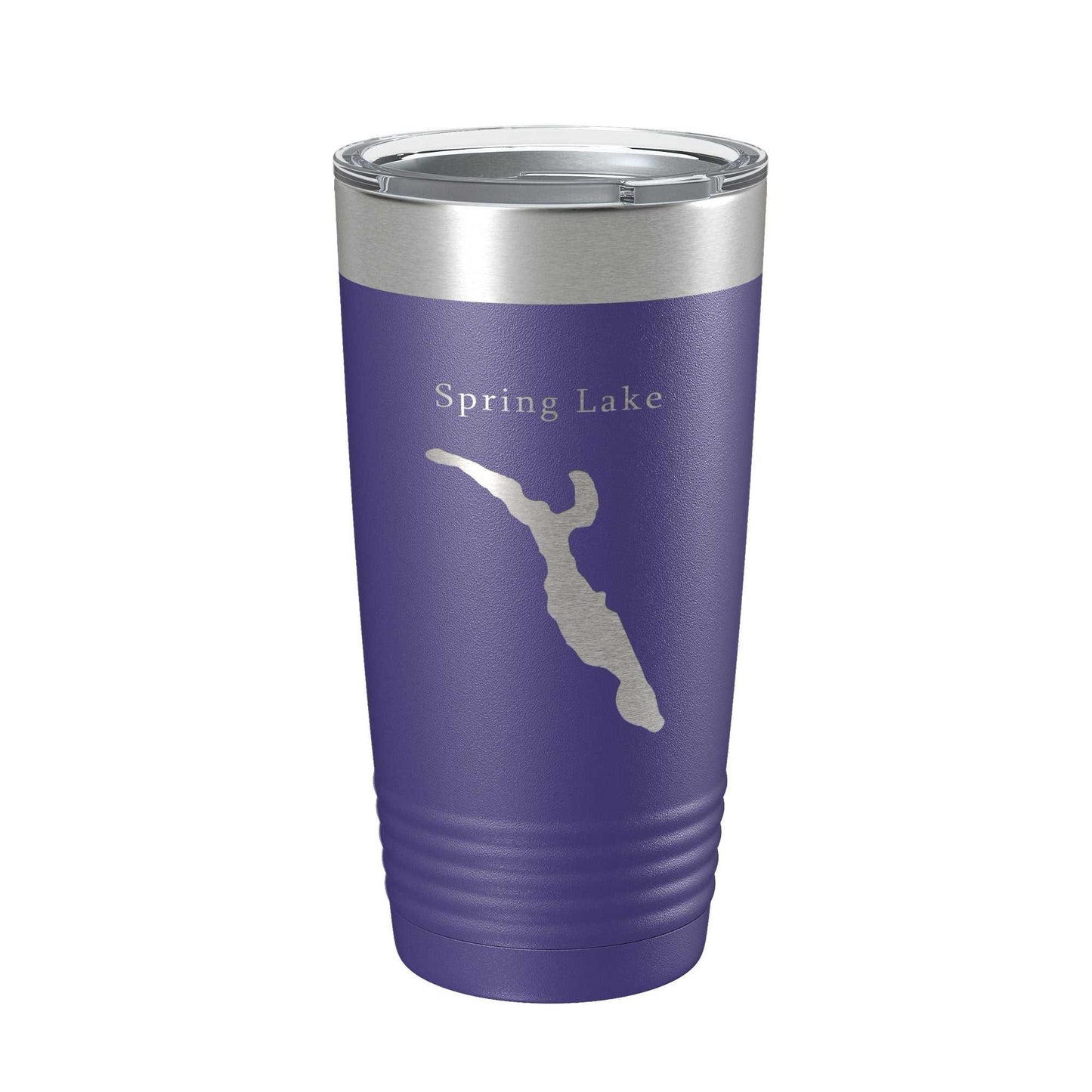 Purple stainless steel travel tumbler with laser engraved Spring Lake Divine Park map and clear lid, 20 oz insulated coffee cup