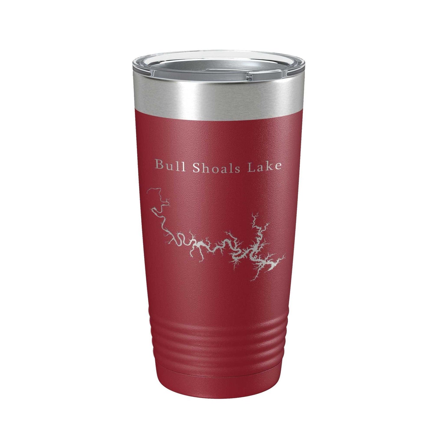 Red insulated stainless steel travel tumbler with Bull Shoals Lake map laser engraved, clear lid, 20 oz capacity.