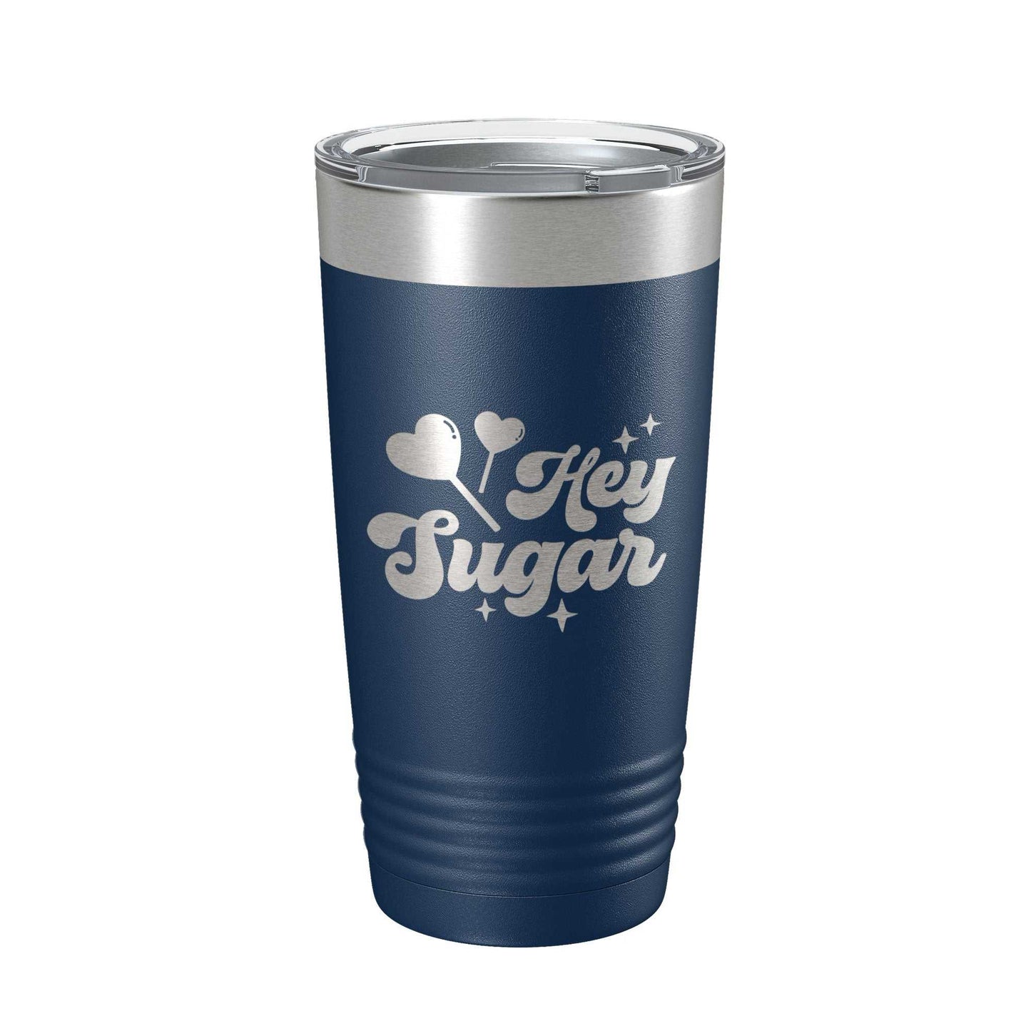 Navy blue Hey Sugar Tumbler travel mug with laser engraved design, double-wall insulated stainless steel, clear lid with straw hole, 20 oz capacity.