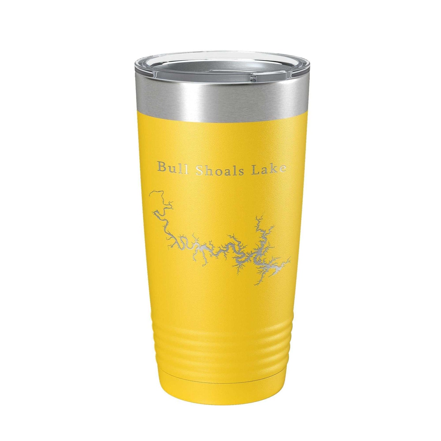 Yellow insulated travel tumbler with laser engraved Bull Shoals Lake map and clear lid.