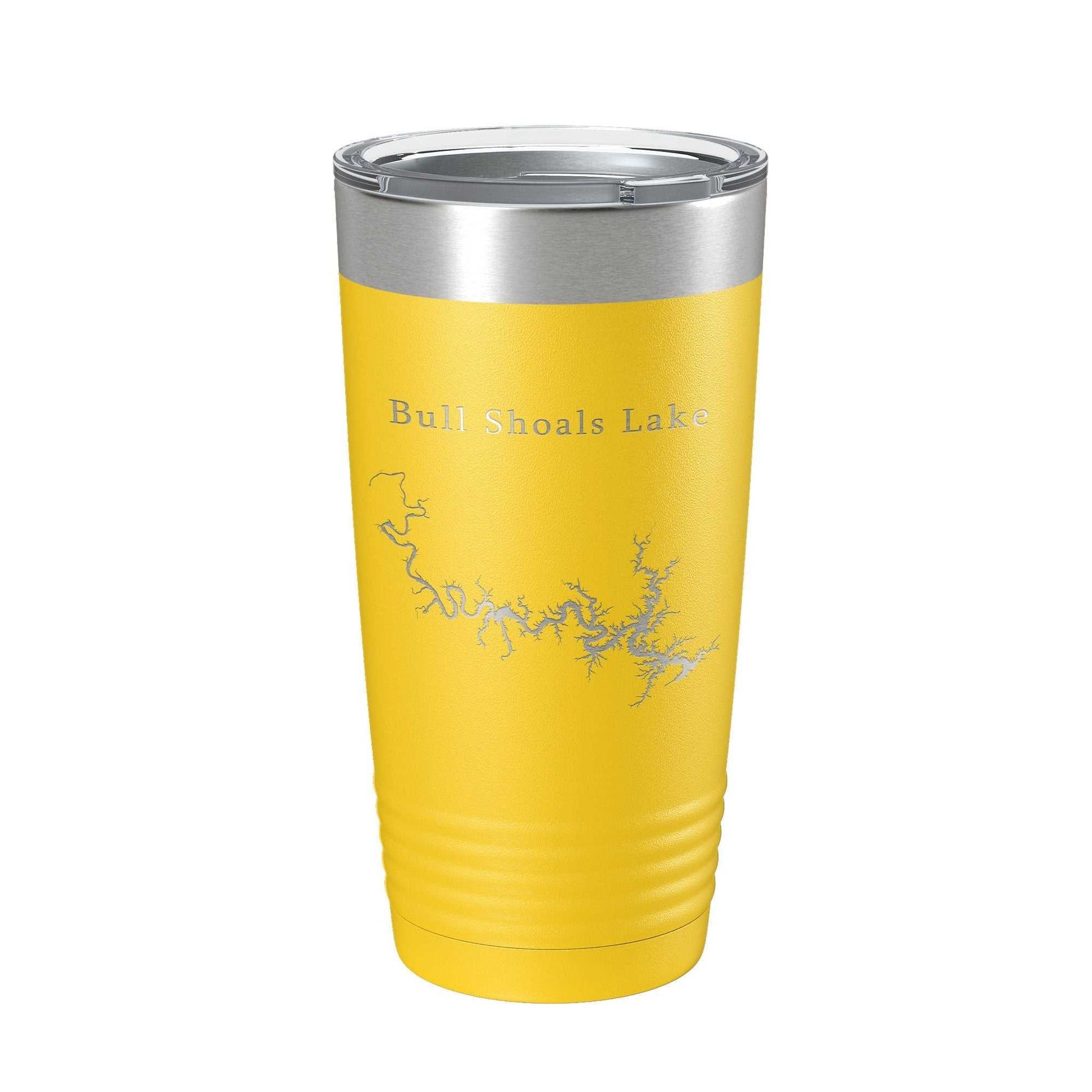Yellow insulated travel tumbler with laser engraved Bull Shoals Lake map and clear lid.