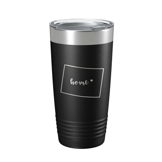 Wyoming Tumbler Home State travel mug with laser-etched map, insulated stainless steel coffee cup, 20 oz capacity, clear lid with straw hole.