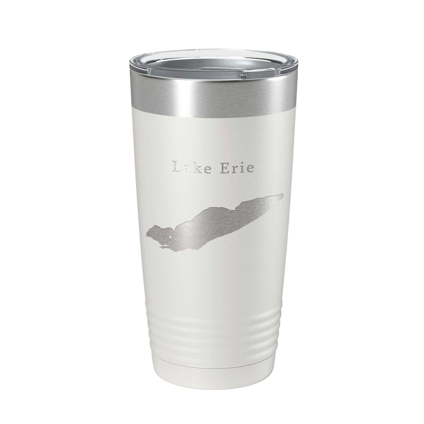 Insulated stainless steel travel mug with laser engraved Lake Erie map and clear lid, 20 oz capacity