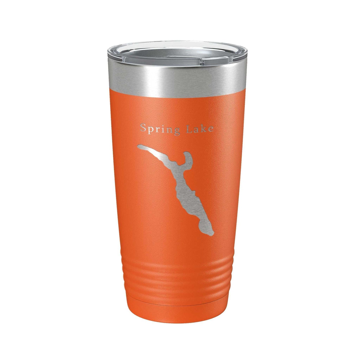 Orange stainless steel travel tumbler with laser engraved Spring Lake Divine Park map and clear lid, 20 oz insulated coffee cup