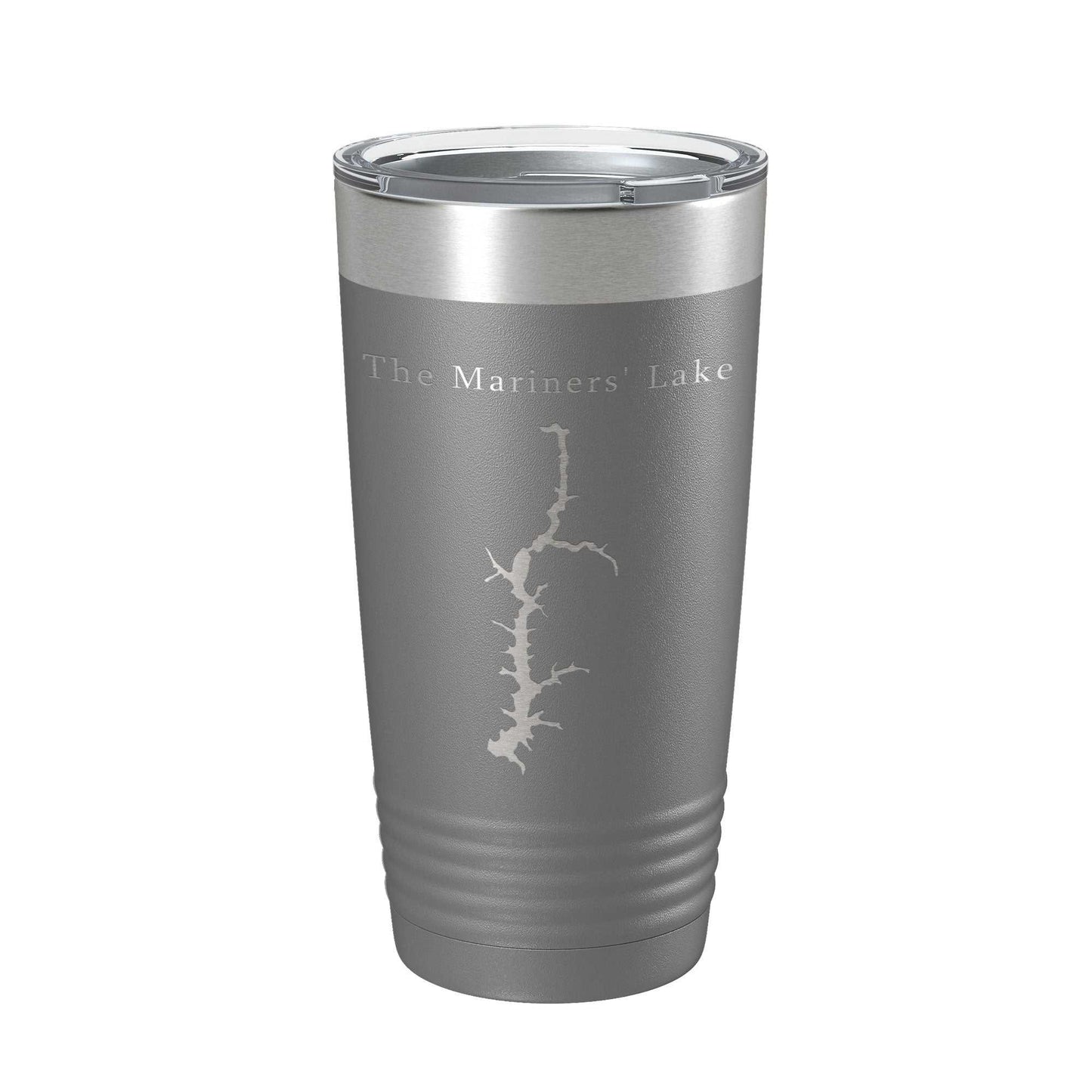 Gray Mariners' Lake Map laser engraved insulated stainless steel tumbler travel mug with clear lid, 20 oz capacity.