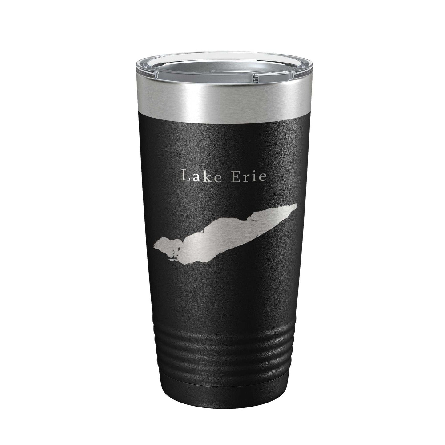 Black stainless steel travel tumbler with laser-engraved Lake Erie map and clear lid, insulated for hot and cold drinks, 20 oz capacity