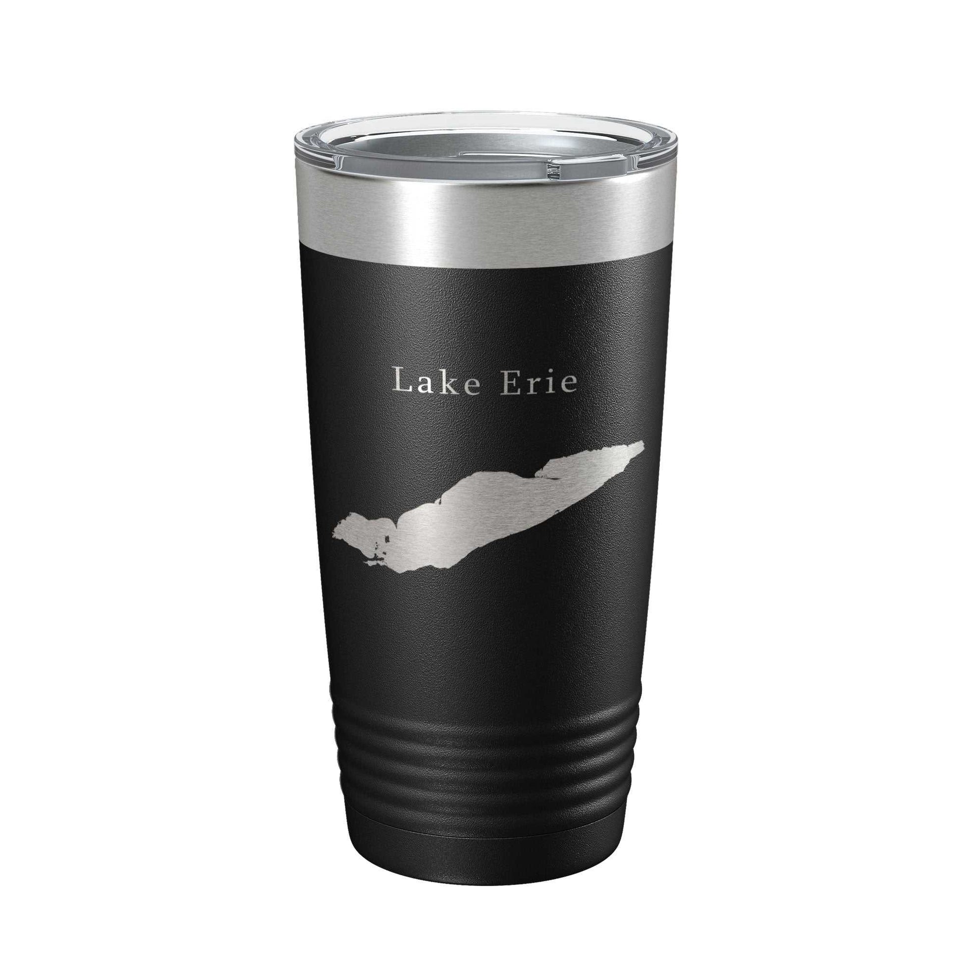 Black stainless steel travel tumbler with laser-engraved Lake Erie map and clear lid, insulated for hot and cold drinks, 20 oz capacity