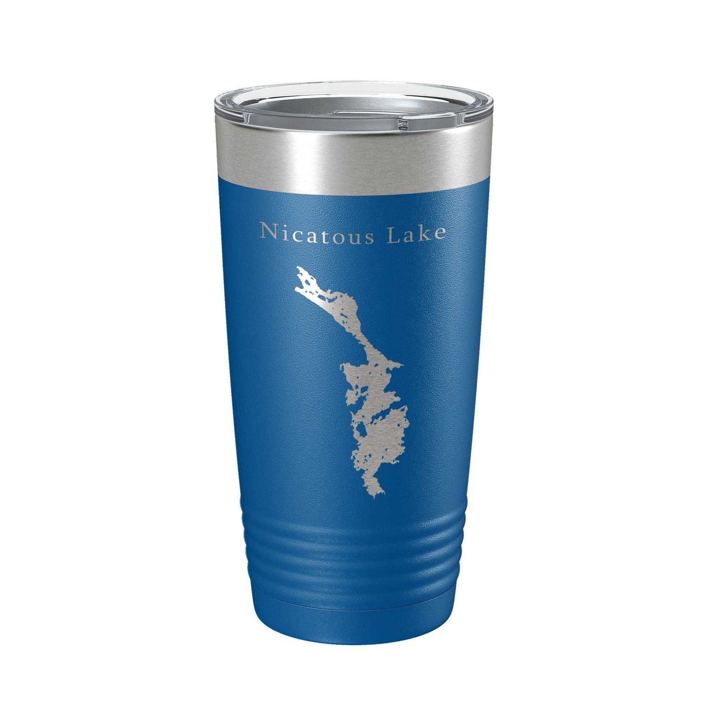 Blue Nicatous Lake map insulated stainless steel travel tumbler with clear lid and laser engraved design