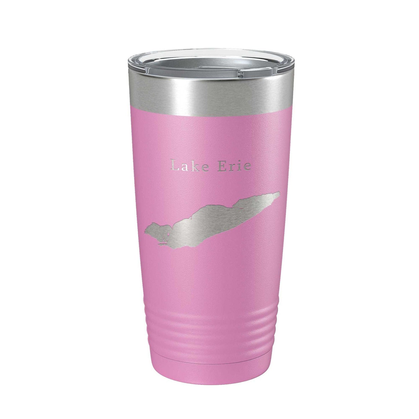 Pink insulated travel tumbler with laser engraved Lake Erie map and clear lid, 20 oz stainless steel coffee mug